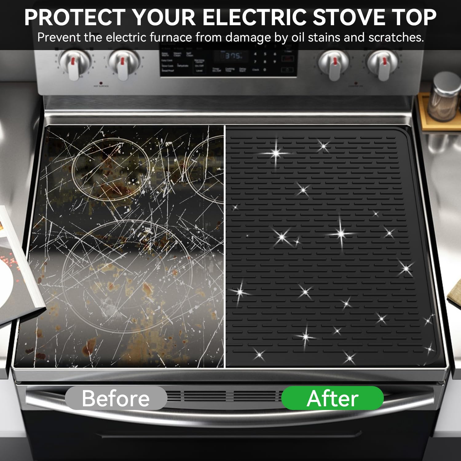 28x20 Inch Waterproof Silicone Stove Top Cover for Electric Stoves - Heat Resistant Countertop Protector, Dish Drying Mat & Coffee Mat for Kitchen - Perfect for Cooking, Food Prep and Counter Protection (Black)