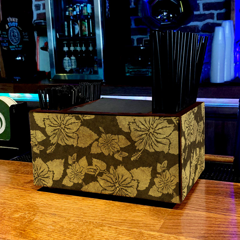 Rustic Hibiscus Wooden Bar Caddy - Earth Tone Organizer for Wine Bottles, Glasses & Bar Accessories | Perfect for Home Bars, Kitchen Countertops & Outdoor Entertaining