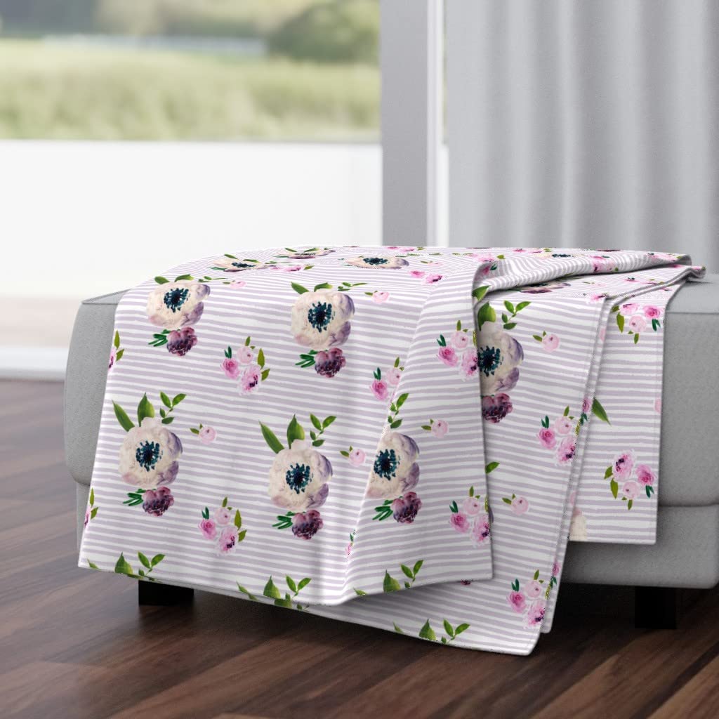 Luxe Velvet Throw Blanket 50x70 Inches - Dark Gray Floral Boho Print with Lilac Stripes & Pink Roses | Soft Cozy Blanket for Bed, Couch, Nursery Decor