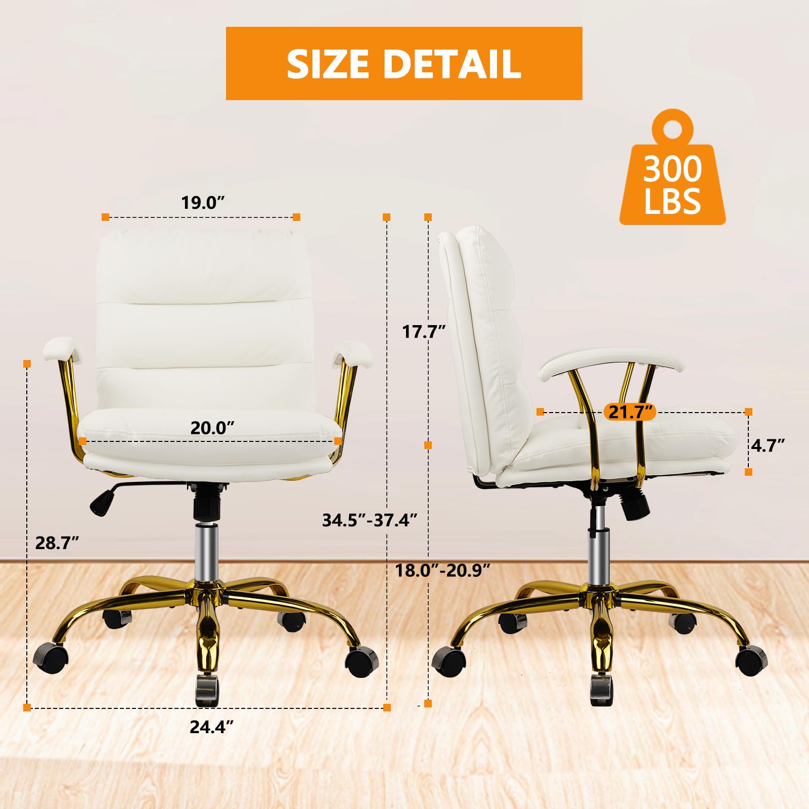 Ergonomic Office Desk Chair with Wheels & Adjustable Arms - Faux Leather Computer Chair for Home, Bedroom & Office - White Chair with Gold Casters (300lb Weight Capacity) - Perfect for Long Work Hours, Gaming & Study Sessions
