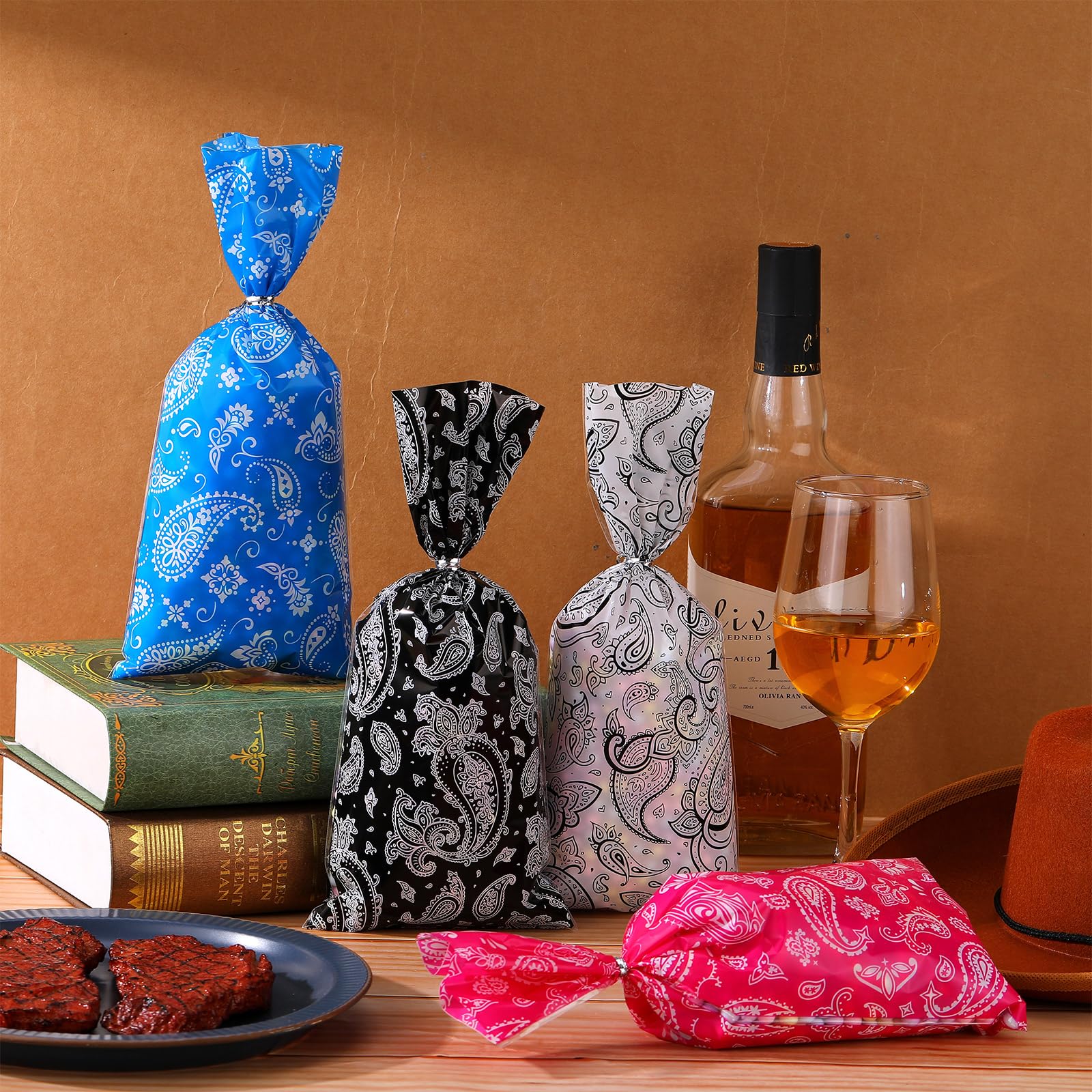 Yeaqee 100 Pcs Western Cowboy Goodie Bags with Bandana Print & Ties - Rodeo Party Treat Bags for Candy, Gifts & Decorations | Perfect for Western Themed Birthday Parties, Rodeo Events & Cowboy Celebrations