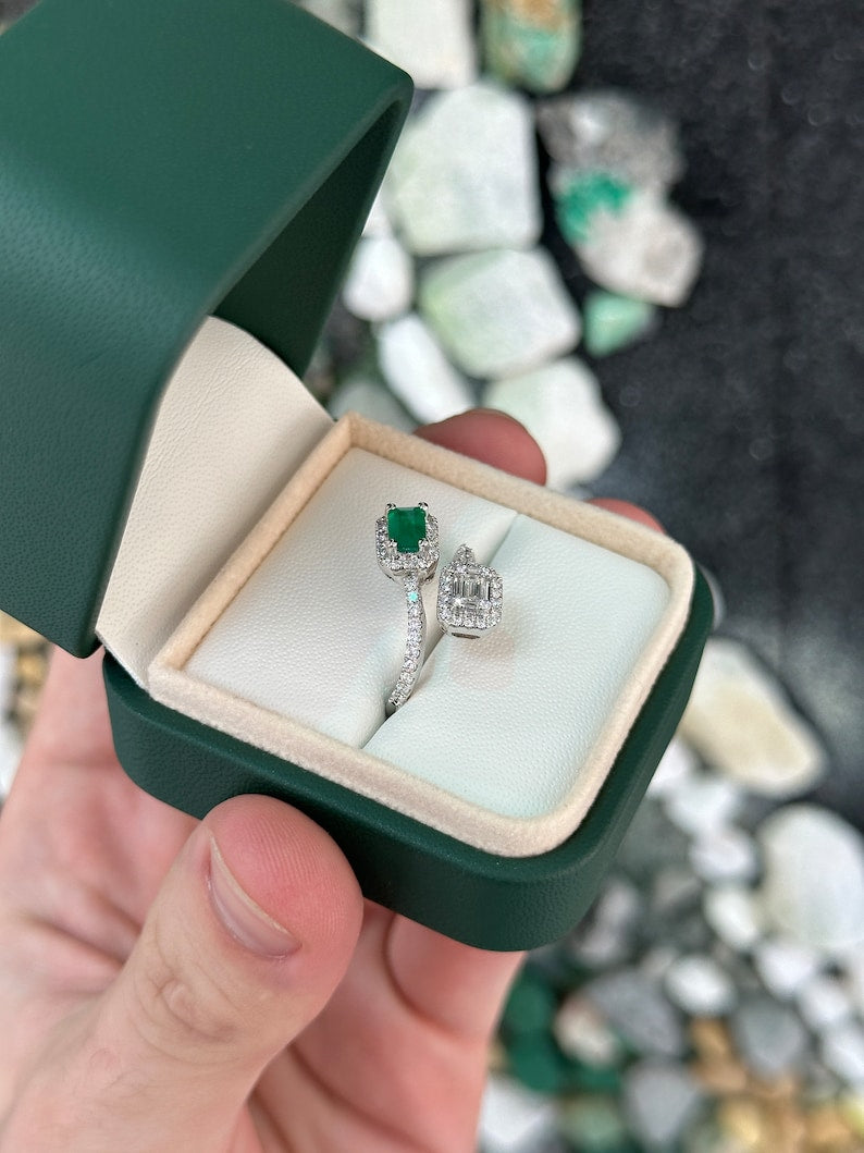 1.51tcw 14K Dark Vivid Green Baguette Emerald & Round Cut Brilliant Toi ET Moi White Gold Bypass Shank Ring - Elegant Wedding, Engagement & Anniversary Jewelry Gift for Women