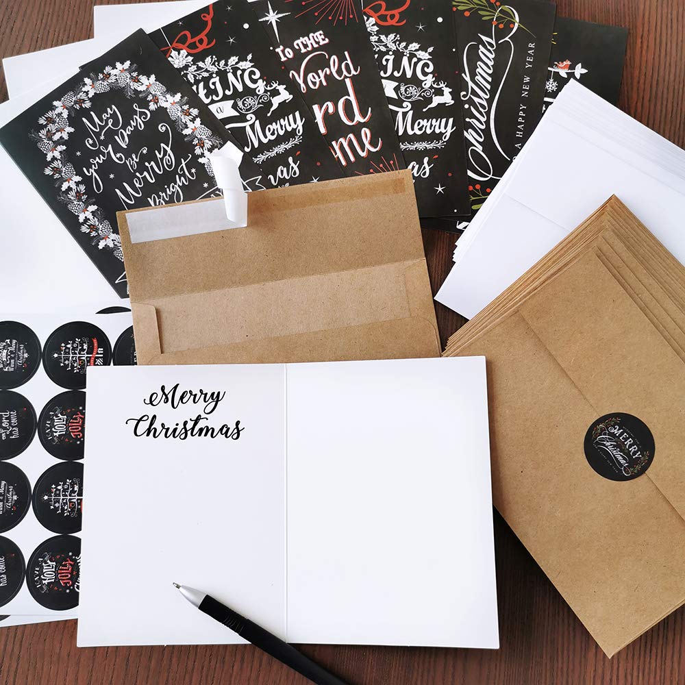 Winlyn 120-Piece Christmas Card Set with Envelopes & Stickers - 6 Vintage Chalkboard Design Holiday Greeting Cards Bulk Pack for Xmas, Winter Festivals, Office Parties & Family Gatherings