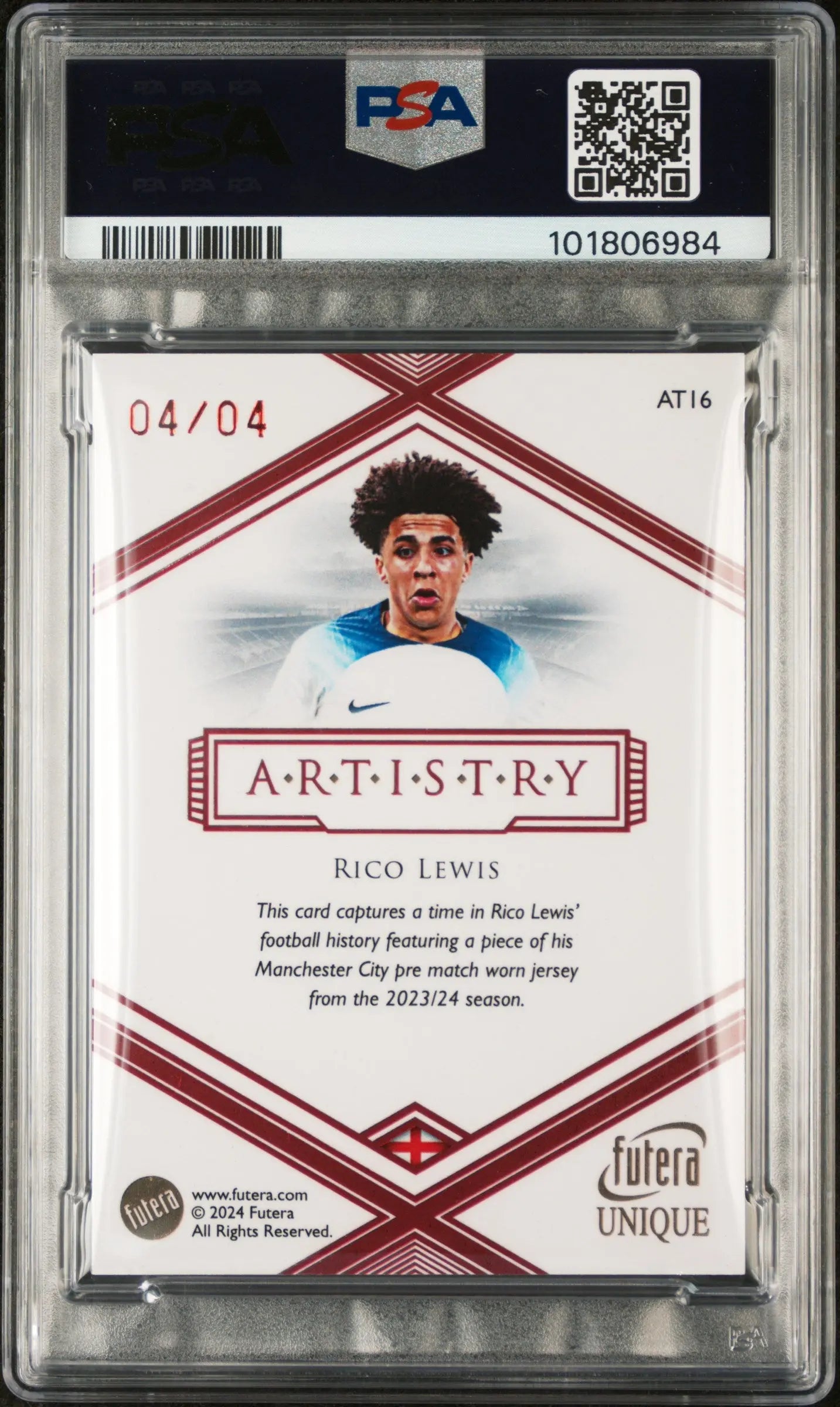 2024 Futera Unique World Football Artistry Rico Lewis Ruby PSA 10 4/4 - Rare Collectible Soccer Trading Card for Fans & Investors - Perfect for Display, Gifts, and Sports Memorabilia Collections