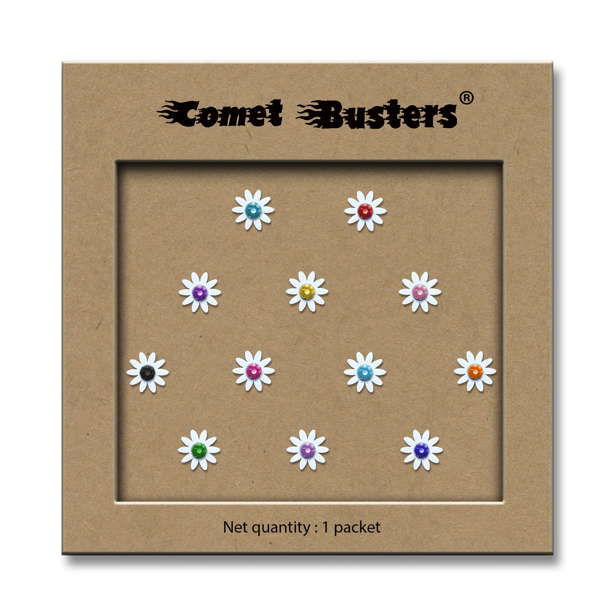 **Comet Busters Cute White Floral Baby Bindis with Colorful Stones - Kids Face Stickers for Parties, Halloween & Festivals (6mm, Pack of 24, BB041)**