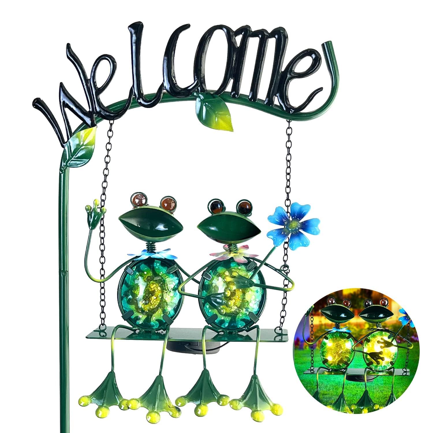 48 Inch HONGLAND Solar-Powered Frog Swing Outdoor Garden Lights - Decorative Stake with Welcome Sign for Patio, Yard & Landscape | Perfect for Garden Decor, Pathway Lighting & Nighttime Ambiance