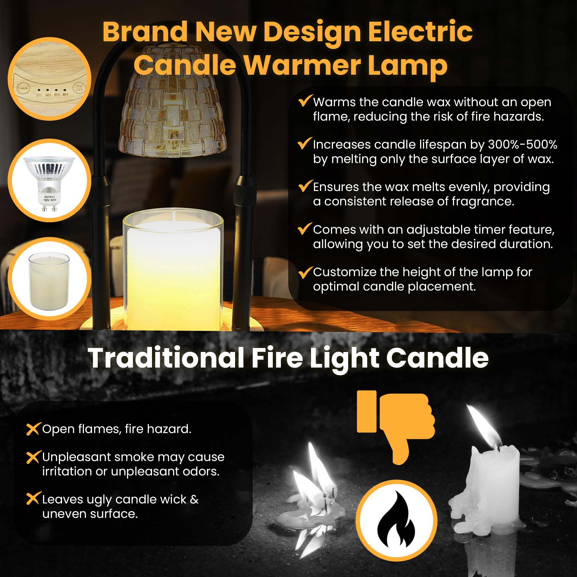 AYL Candle Warmer Lamp with Timer - Electric Wax Warmer for Wax Melts & Jar Candles - Adjustable Brightness & Height - Home Decor Gift for Women - Perfect for Bedroom, Living Room & Office Aromatherapy