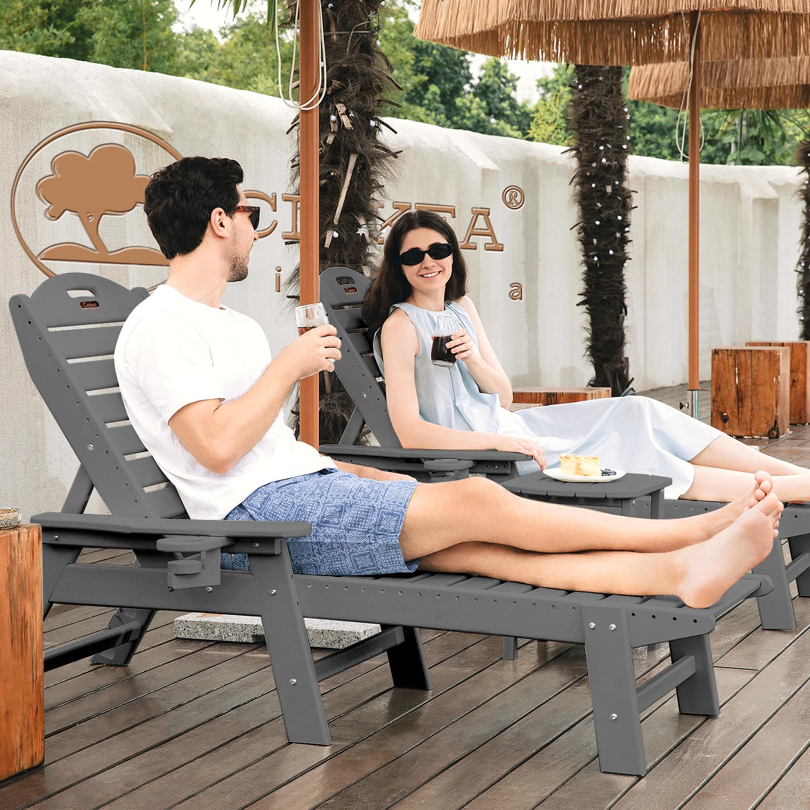 **Outdoor Chaise Lounge Chair with 6 Adjustable Positions, HDPE Patio Lounge Chair with Cup Holder - Perfect for Poolside, Deck, Backyard, and Lawn (Grey)**