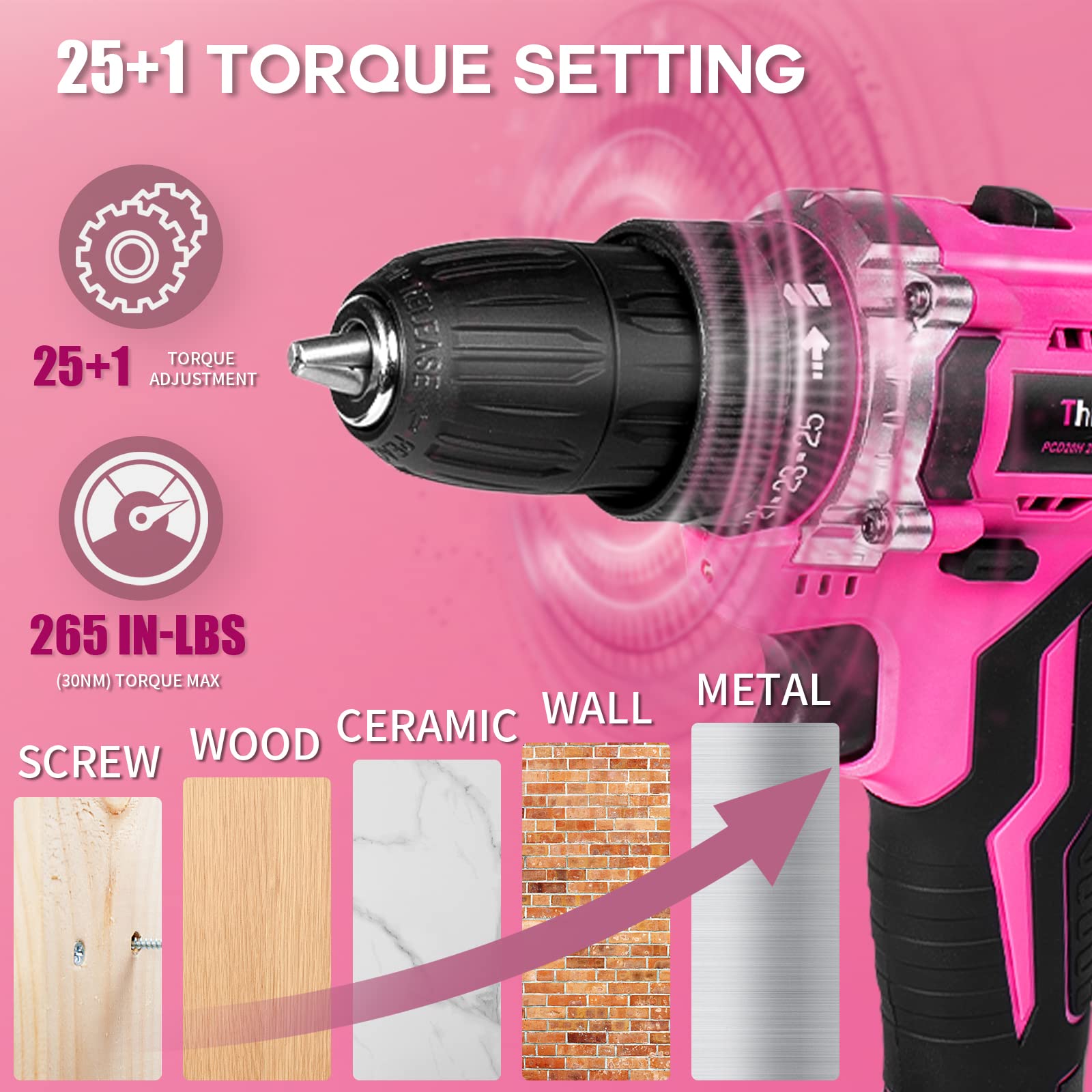 20V Pink Cordless Drill Set for Women - 67Pcs Driver Bits, 3/8