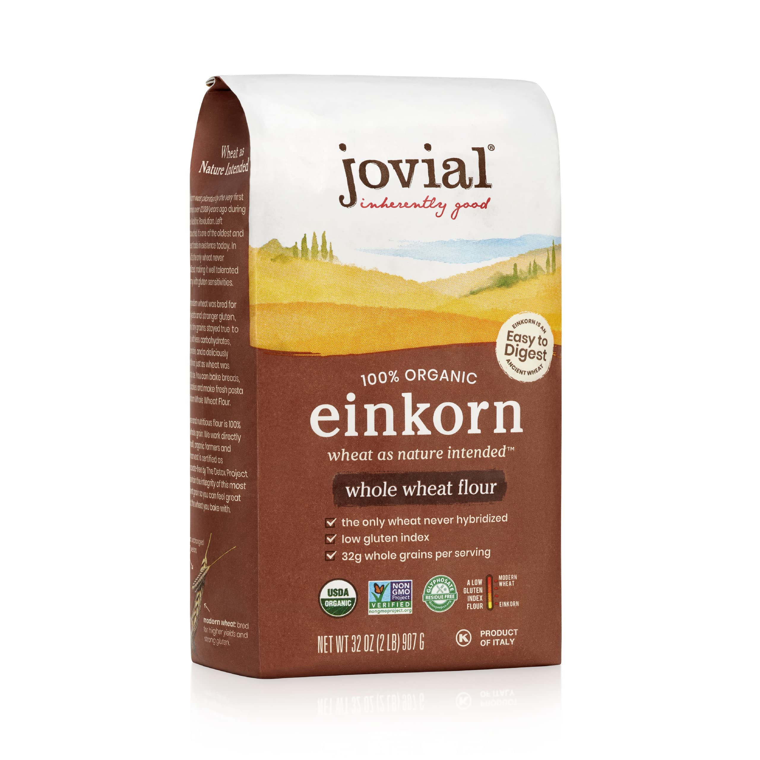 Jovial Organic Einkorn Whole Wheat Flour - High Protein, Non-GMO, Glyphosate Free Bread & Pizza Flour for Sourdough, Pasta, Artisan Baking - 32 Oz | Perfect for Homemade Bread, Pizza Dough & Healthy Baking