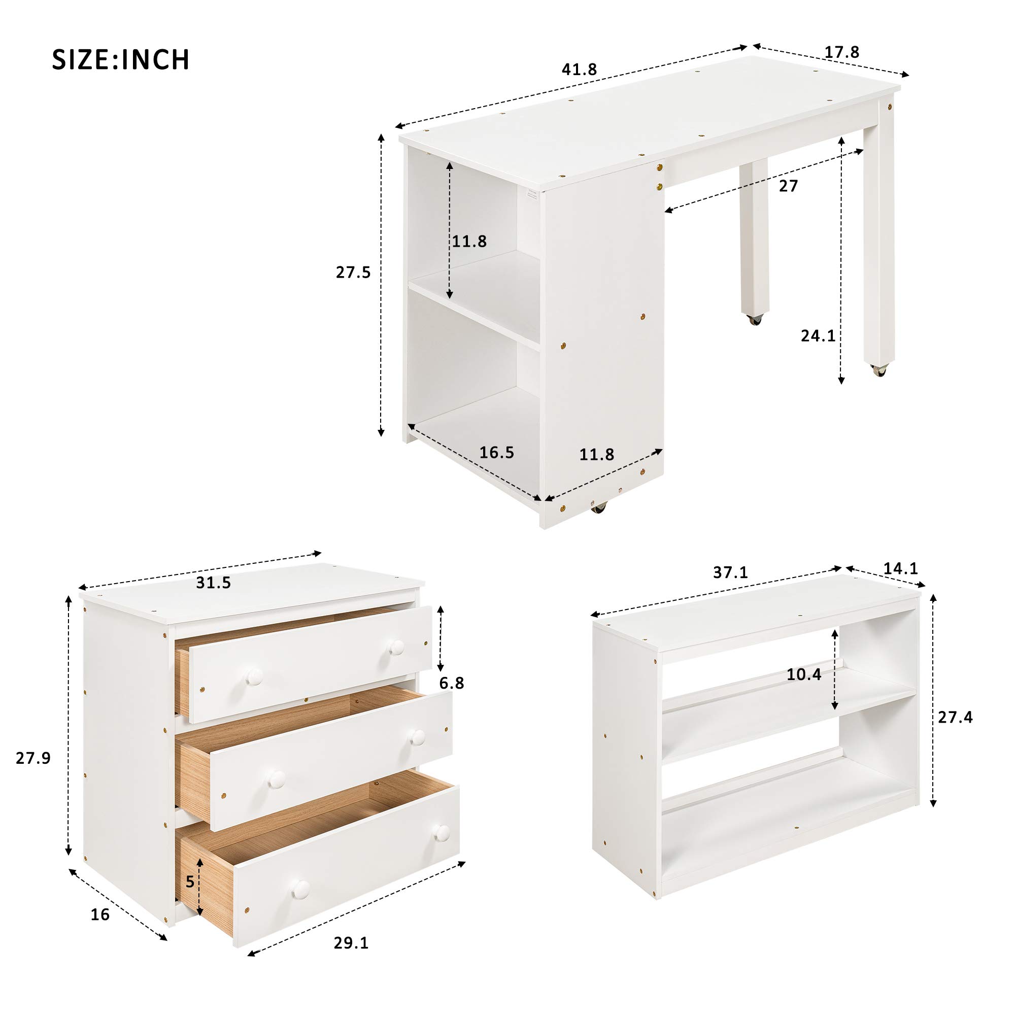 Twin Low Loft Bed with Study Desk for Kids - Rolling Portable Desk, Storage Shelf, Safety Guard Rail & Drawer Cabinet - Perfect for Small Bedrooms & College Dormitories (White) - Space-Saving Study & Sleep Solution for Teens & Students