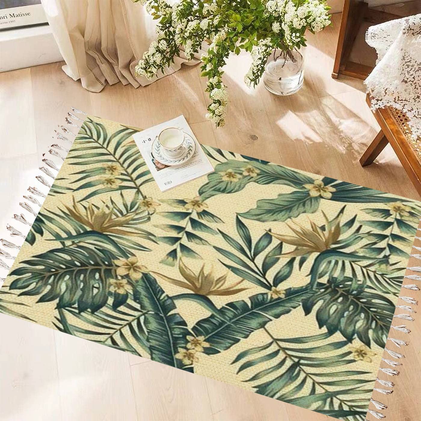 Vintage Cotton & Linen Tassel Rug with Tropical Leaves & Gold Flowers - Boho Chic Washable Woven Area Rug for Kitchen, Bathroom, Outdoor Decor - Perfect for Boho Home Decor, Beach House Style & Cozy Living Spaces