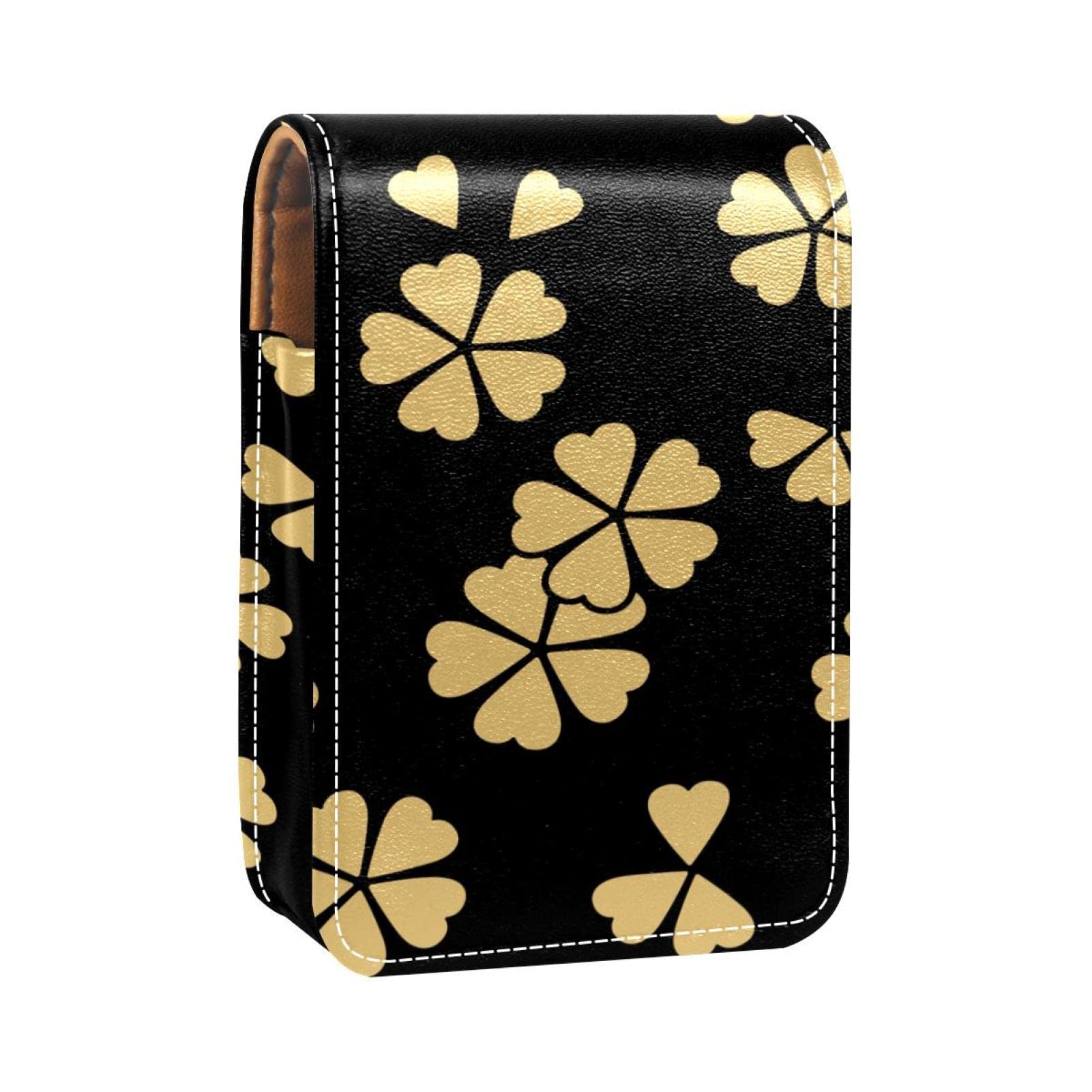 Personalized Lipstick Case - Portable Makeup Bag & Cosmetic Pouch Organizer with Yellow Seamless Four-Leaf Clover Design | Perfect for Travel, Gift & Daily Makeup Storage