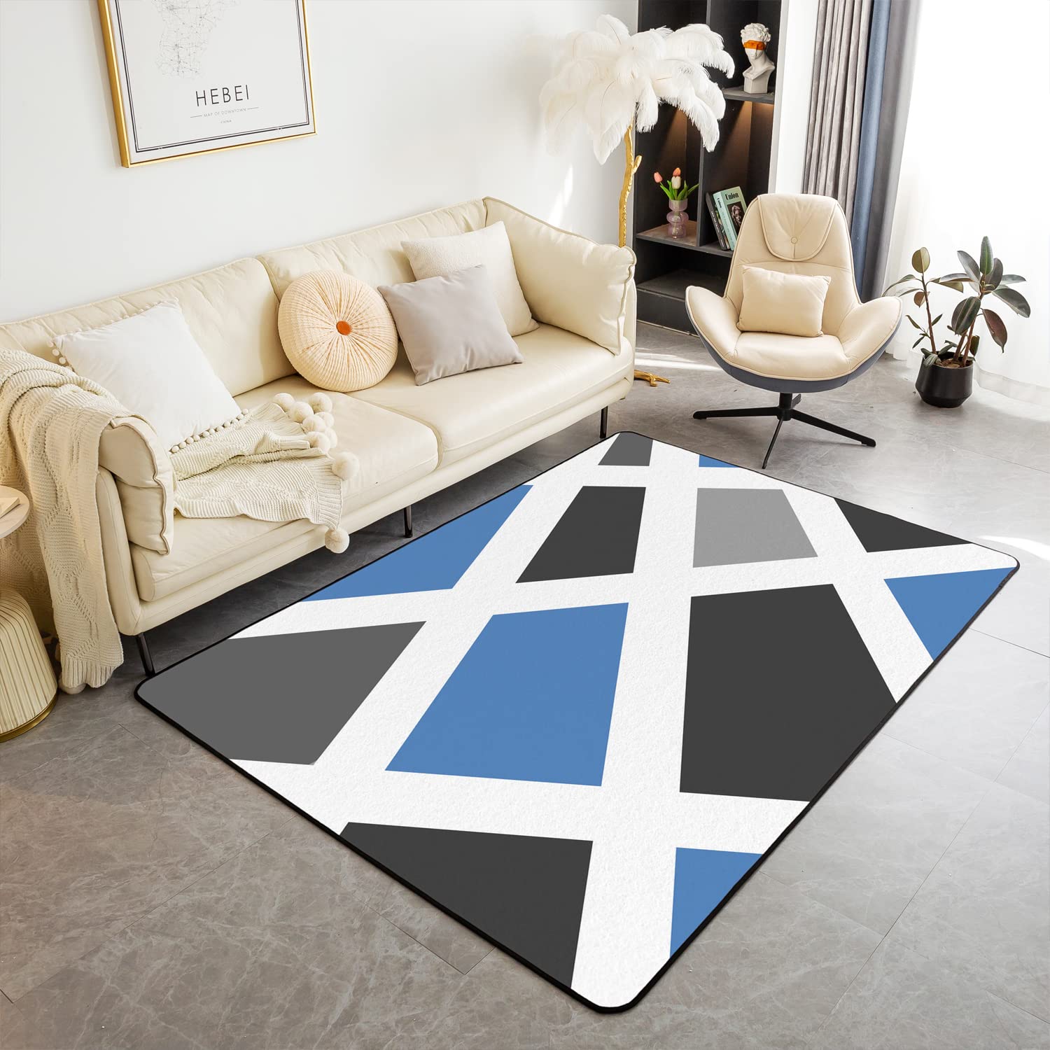 Modern Geometric Abstract Area Rug 5'x7' - Non-Slip Stripe Pattern Carpet for Kids, Women & Men - Grey Blue Triangle Design for Living Room, Bedroom & Nursery - Soft Floor Mat for Playrooms, Dorms and Home Decor