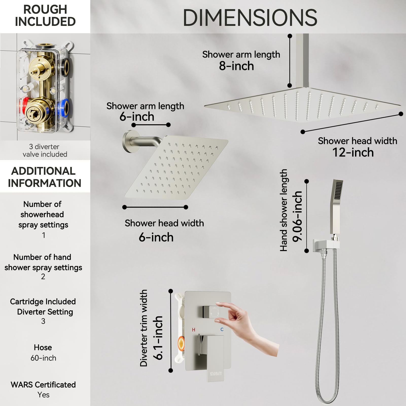 Starbath 12+6 Inch Brushed Nickel Shower Faucet Set - Double Rainfall Shower Head & Handheld Spray Combo for Two Person, Ceiling Mount Shower System with Valve Body & Trim Kit - Perfect for Master Bathroom, Spa-Like Experience & Couple Showering