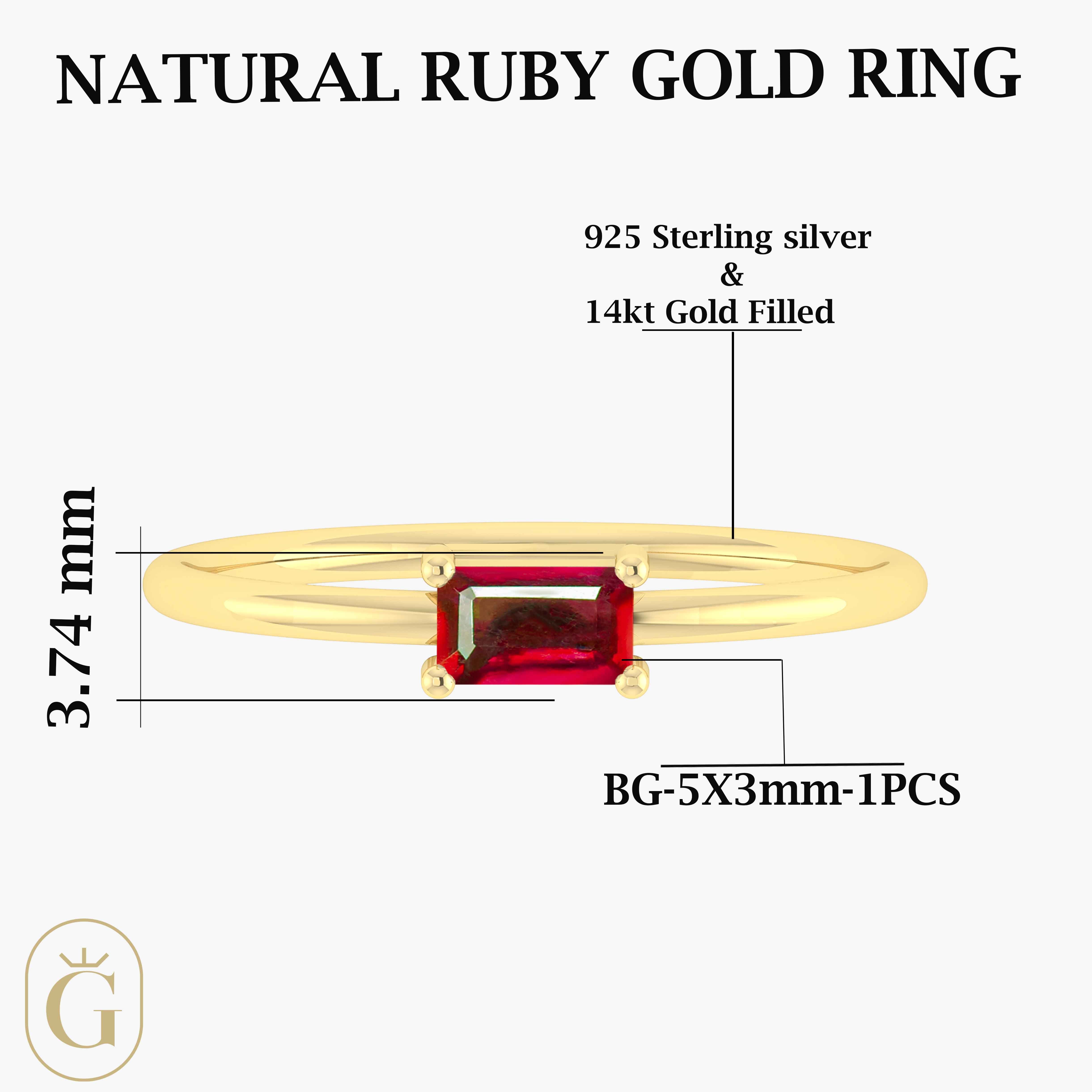 Natural Ruby Single Baguette Stone Solitaire Ring – Elegant Minimalist Jewelry for Women, Perfect for Engagement, Anniversary & Special Occasions