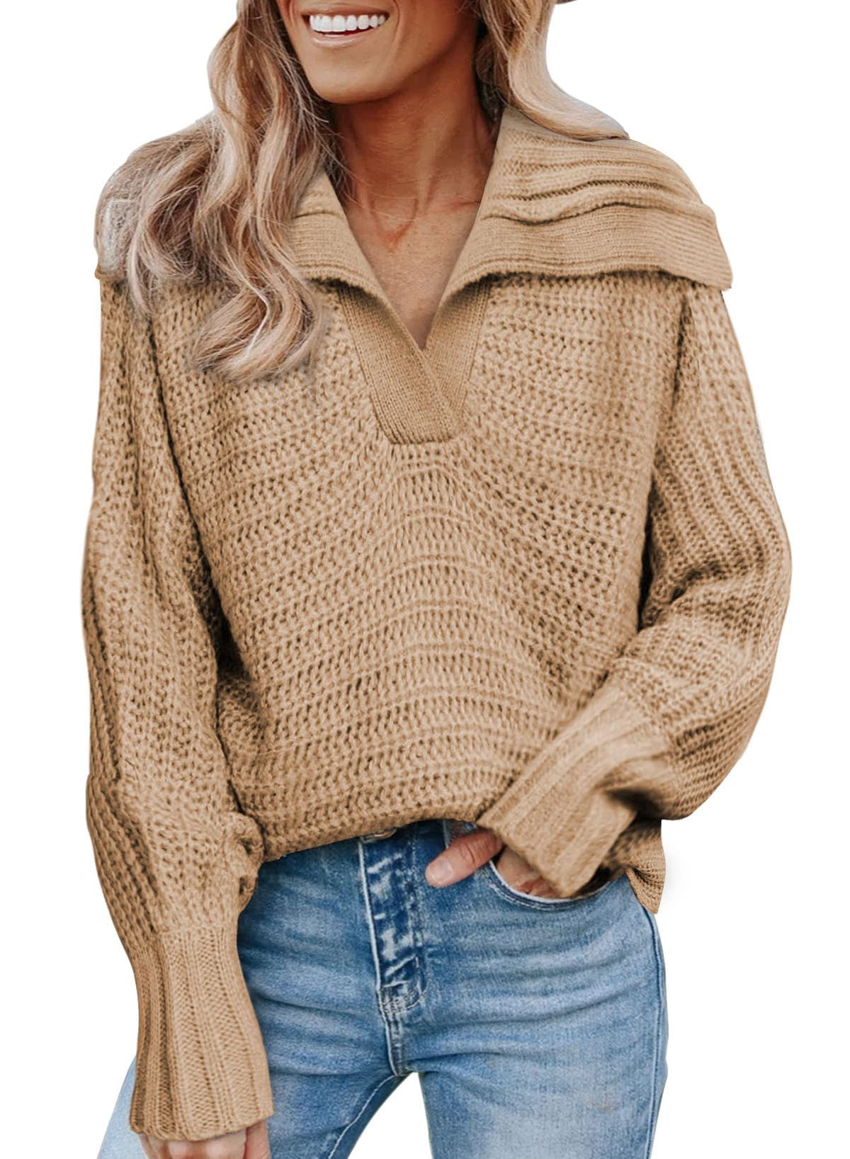 Dokotoo Women's V-Neck Long Sleeve Knit Sweater - Casual Solid Color Collared Pullover Top for Fall & Winter | Office Wear, Date Night, Layering Outfits