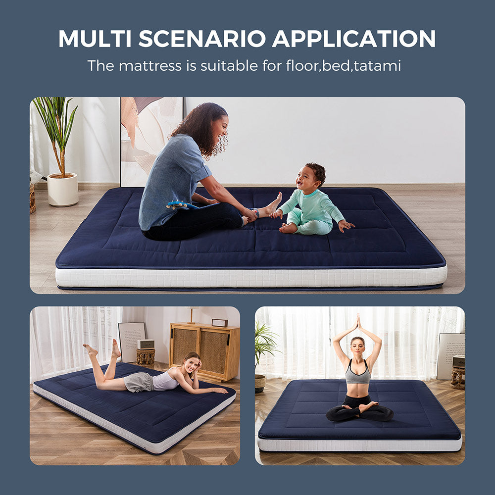 MAXYOYO Japanese Floor Futon Mattress - Thick Padded & Portable Navy Blue Floor Bed for Guest Room, Dorm, Camping & Travel