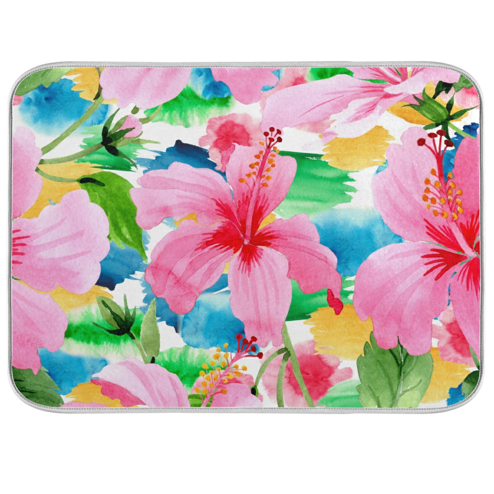 Floral Dish Drying Mat - 18x24 Inch Absorbent Microfiber Kitchen Counter Mat, Washable Dish Rack & Drainer Pad for Dishes, Cups & Utensils - Perfect for Countertop Drying After Washing