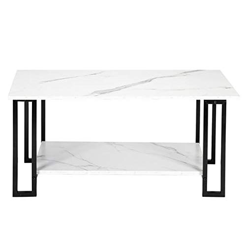 Artisasset 2-Tier White Marble Pattern MDF Coffee Table with Iron Frame - 1.5cm Thick Rectangle Tabletop for Living Room, Lounge & Office Decor