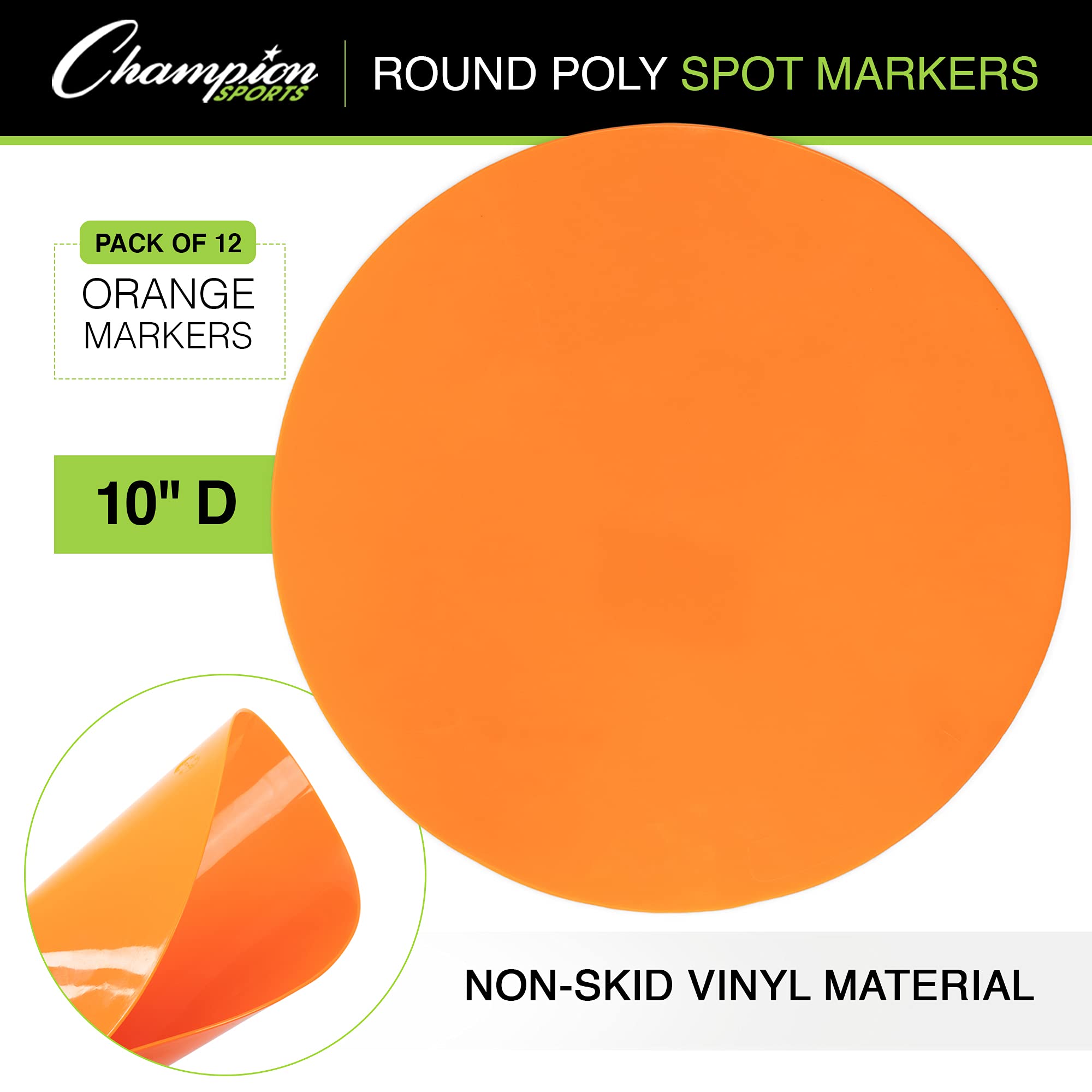 Champion Sports 10-Inch Round Poly Spot Markers - Set of 12 Orange Cones for Sports Training, PE Class, Field Day Activities & Social Distancing - Perfect for Gymnasiums, Playgrounds & Outdoor Games