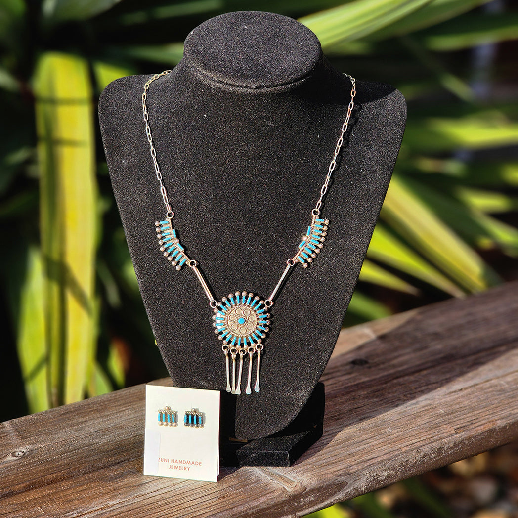 Authentic Zuni Native American Jewelry Set - Handcrafted Turquoise Necklace & Earring Set for Women | Perfect for Boho Fashion, Weddings & Special Occasions