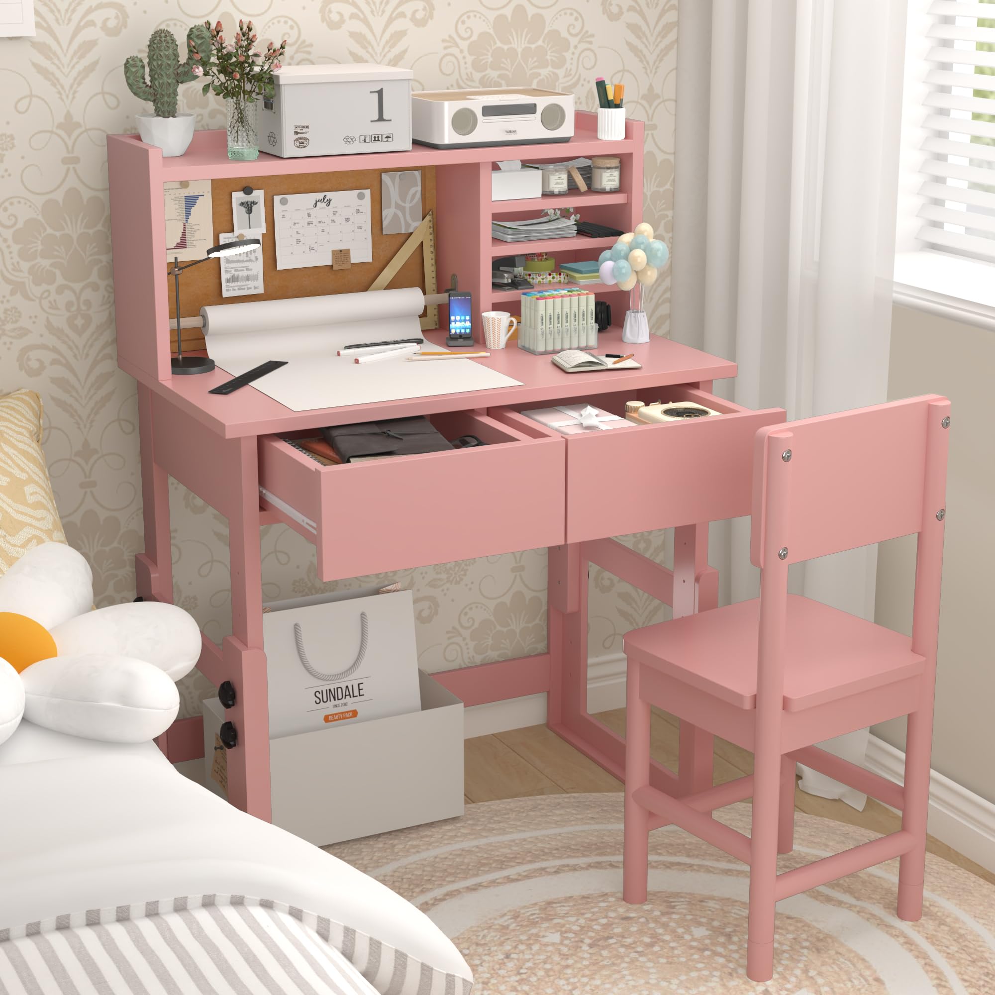 Ergonomic Height Adjustable Kids Study Desk with 2 Drawers & Chair Set - Pink Children's Art Table for 5-18 Years Old - Perfect for Homework, Drawing & Storage in Bedroom or Playroom