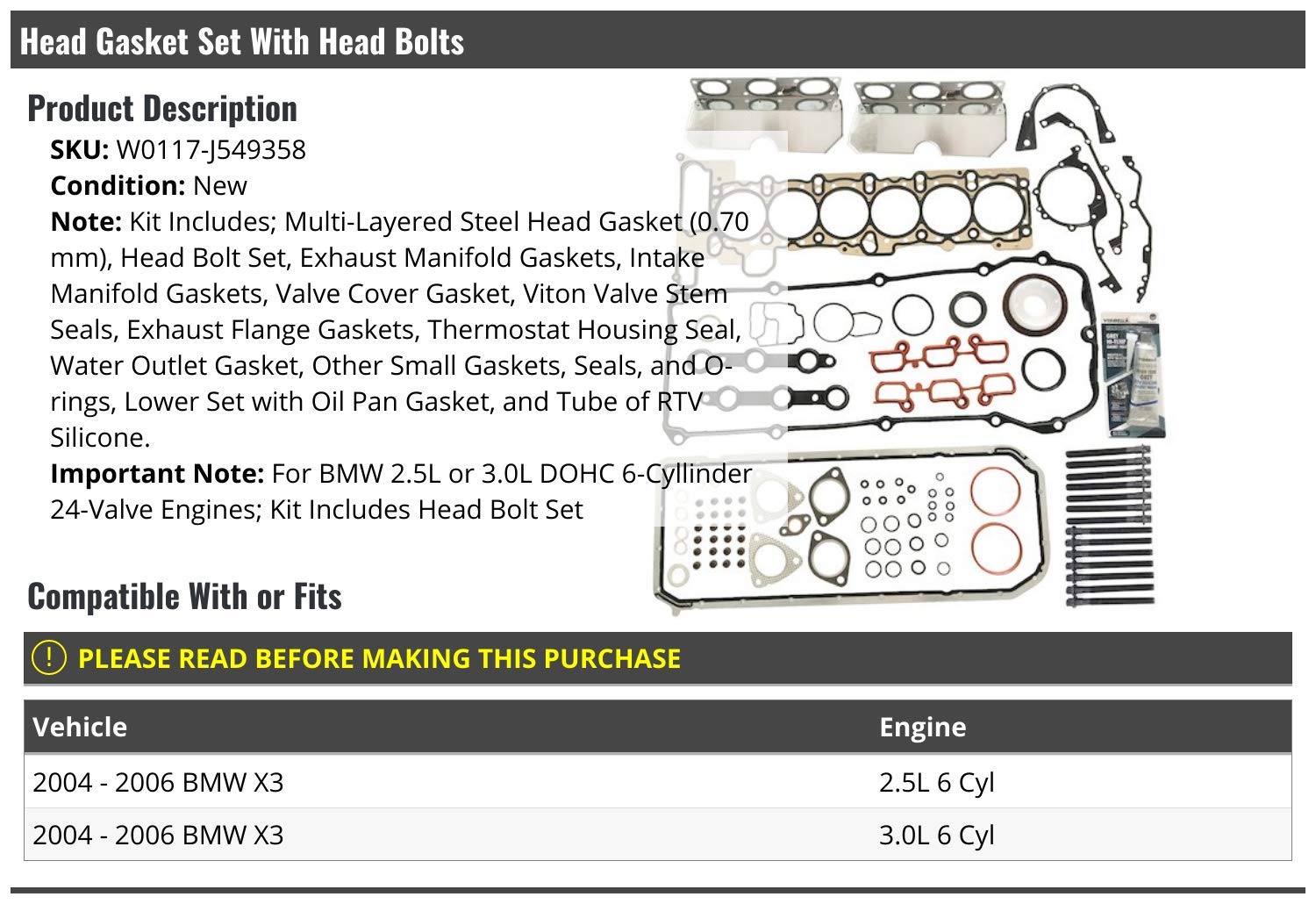 BMW X3 Head Gasket Set with Bolts 2004-2006 2.5L/3.0L - Engine Repair Kit