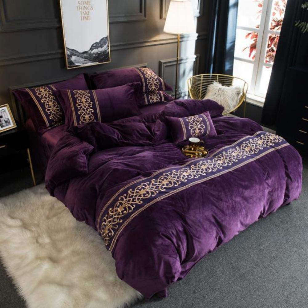 Luxury Queen Size Bed Sheet Set - Ultra Soft & Warm Crystal Velvet 4-Piece Bedding (200x230cm) in Elegant Purple - Perfect for Winter Nights & Cozy Home Decor