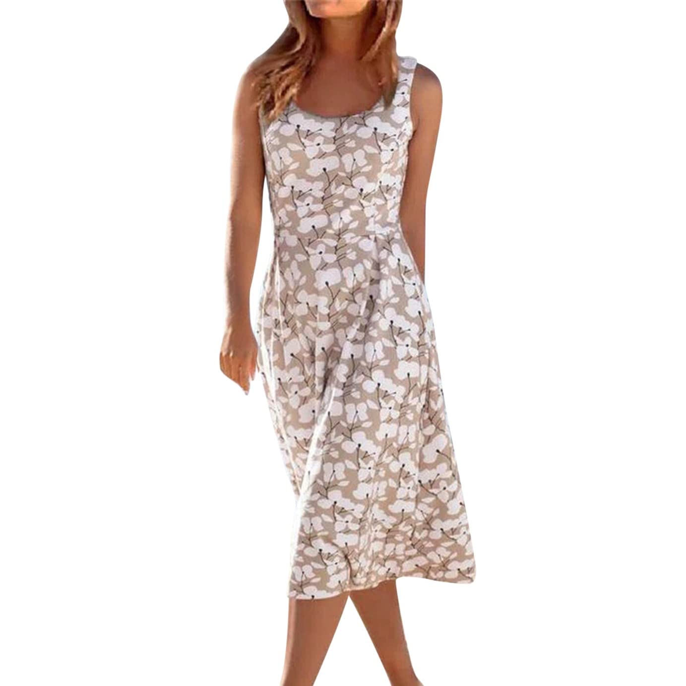 Women's Floral Print Sleeveless Summer Dress - Round Neck Midi Sundress for Beach, Vacation & New Year Party Outfits | Casual Chic & Comfortable Style