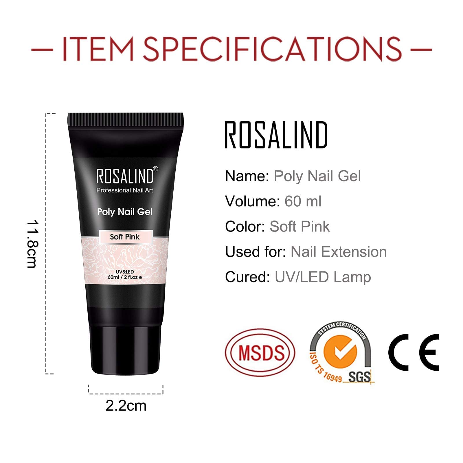 ROSALIND 60ml Soft Pink Poly Nail Extension Gel - Pale Pink Acrylic Nail Art Gel for DIY Home Manicure & Nail Decoration, UV/LED Lamp Required | Perfect for Salon Professionals & At-Home Nail Enthusiasts