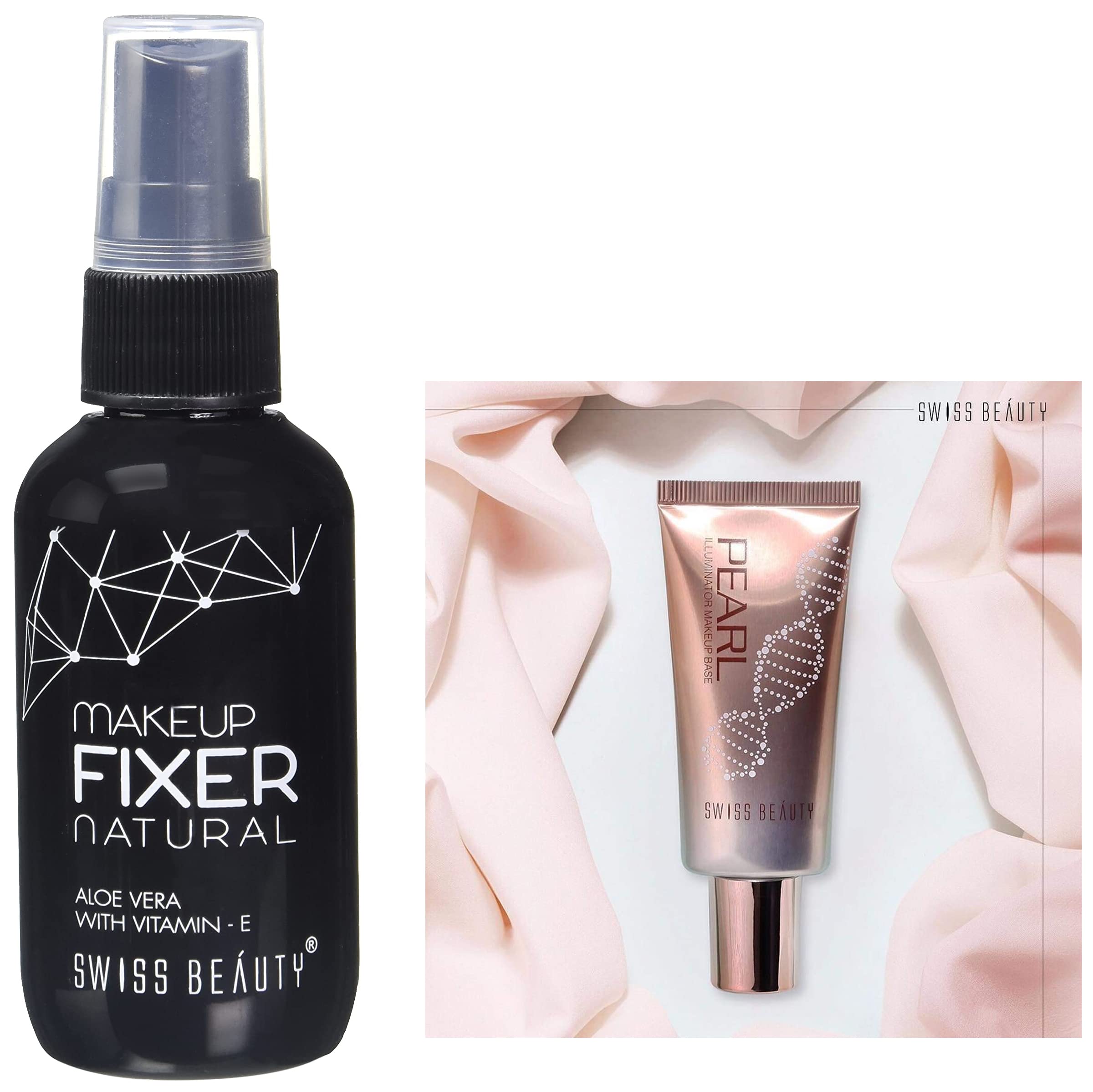 Swiss Beauty Makeup Fixer with Natural Aloe Vera & Vitamin E - 50ml White Face Setting Spray | Foundation Pearl Illuminator - 35g Silver-Pink Highlighter | Perfect for Daily Makeup & Special Occasions