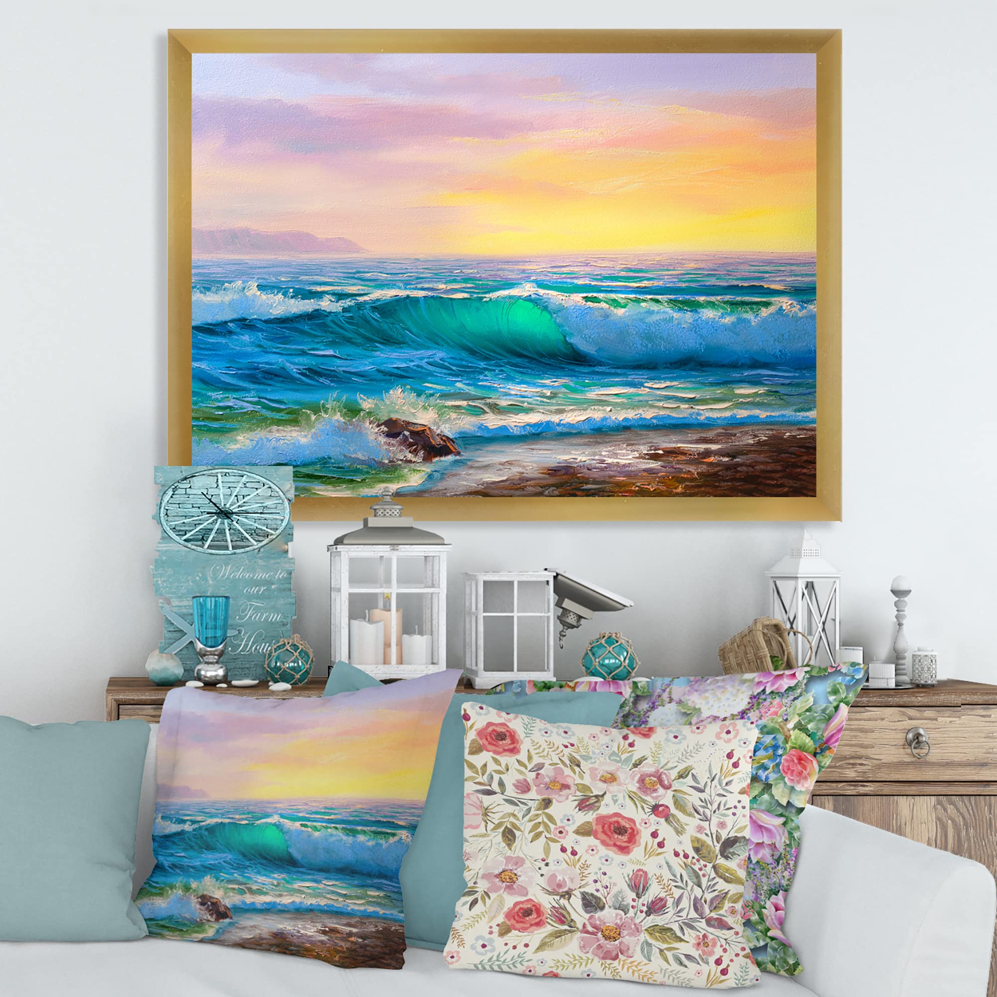 DesignQ Blue Waves Breaking At The Beach IV - Coastal Framed Wall Art Decor for Living Room, Bedroom & Office | Nautical Home Decor | Ocean Themed Painting