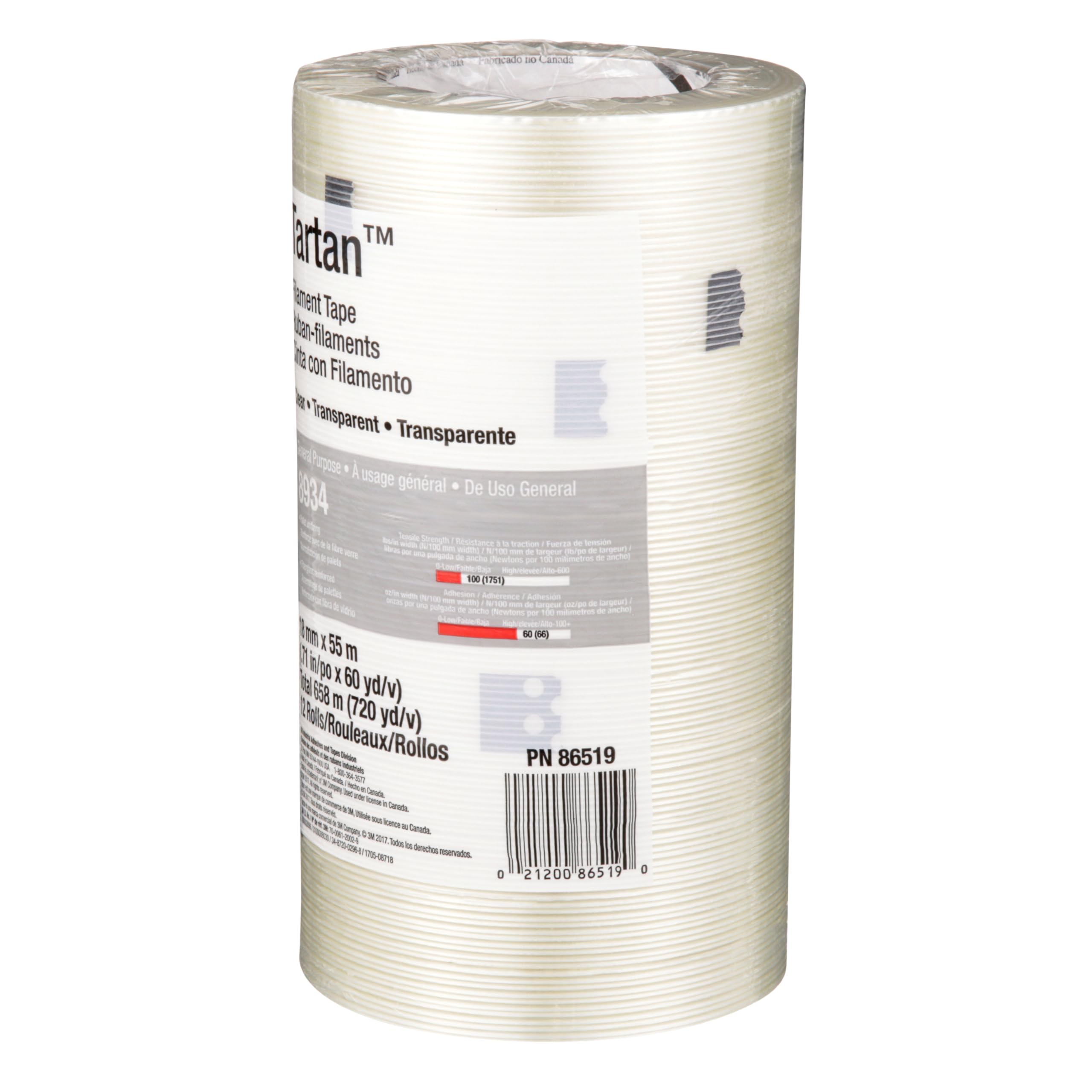 3M Tartan Filament Tape 8934 - Clear Heavy Duty Packaging Tape, 18mm x 55m (4 Mil Thick), 48 Rolls/Case - Ideal for Shipping Boxes, Moving & Industrial Packaging
