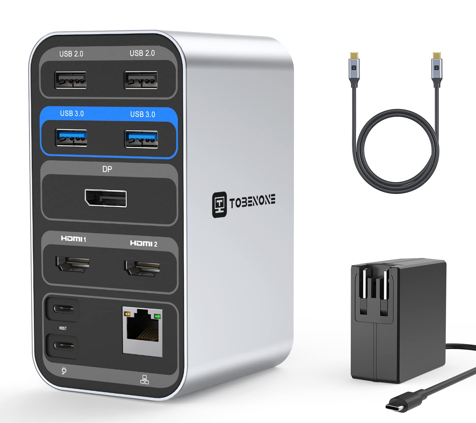 TOBENONE 14-in-1 USB C Docking Station with Power Delivery - Dual HDMI & DisplayPort, 7 USB Ports, Gigabit Ethernet, Audio - Compatible with Dell/HP/Surface Laptops - Perfect for Home Office & Multi-Monitor Workstations