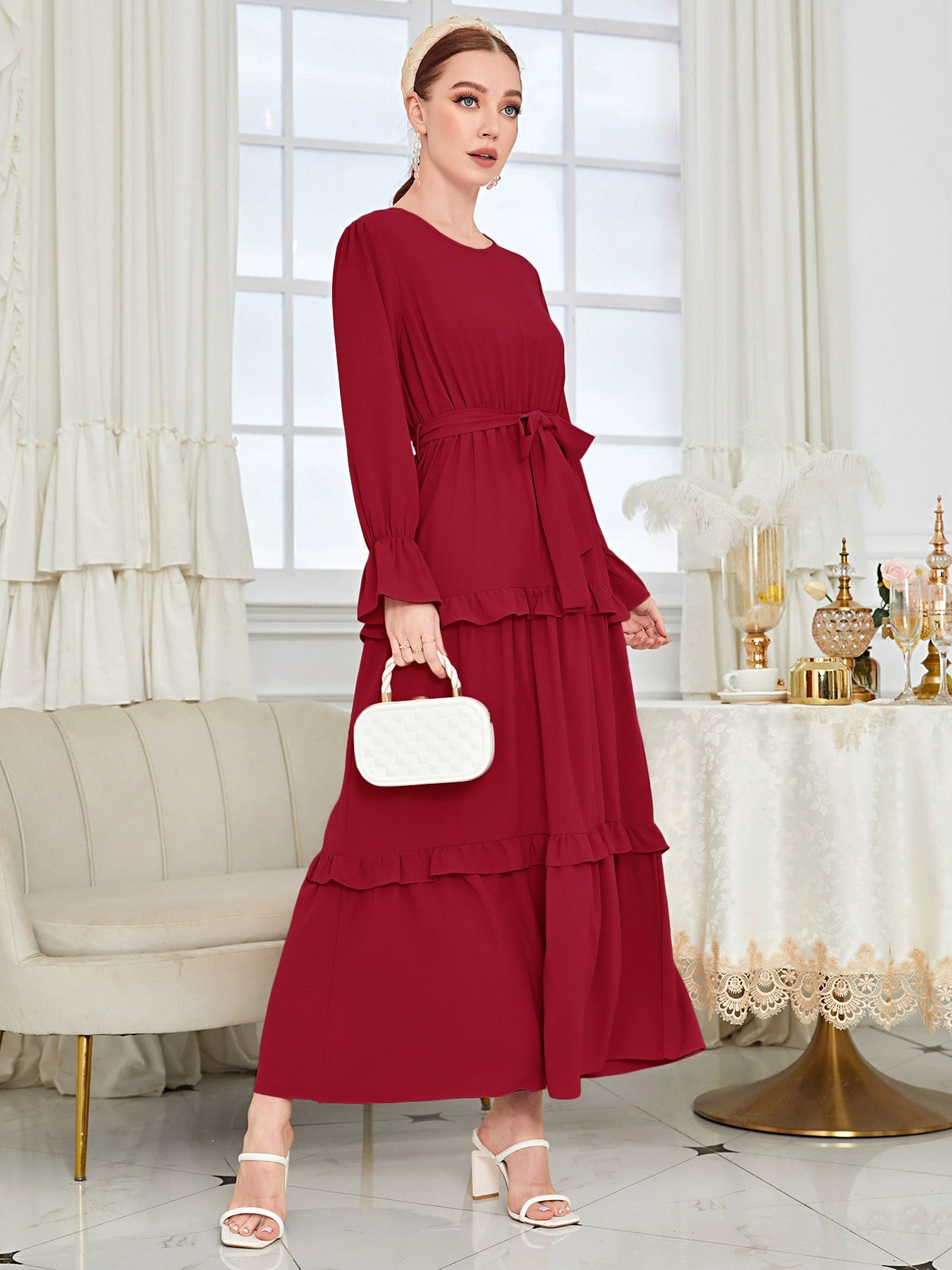 Elegant Solid Color Ruffled Belted Dress for Women - Perfect for Office, Party & Date Night Outfits