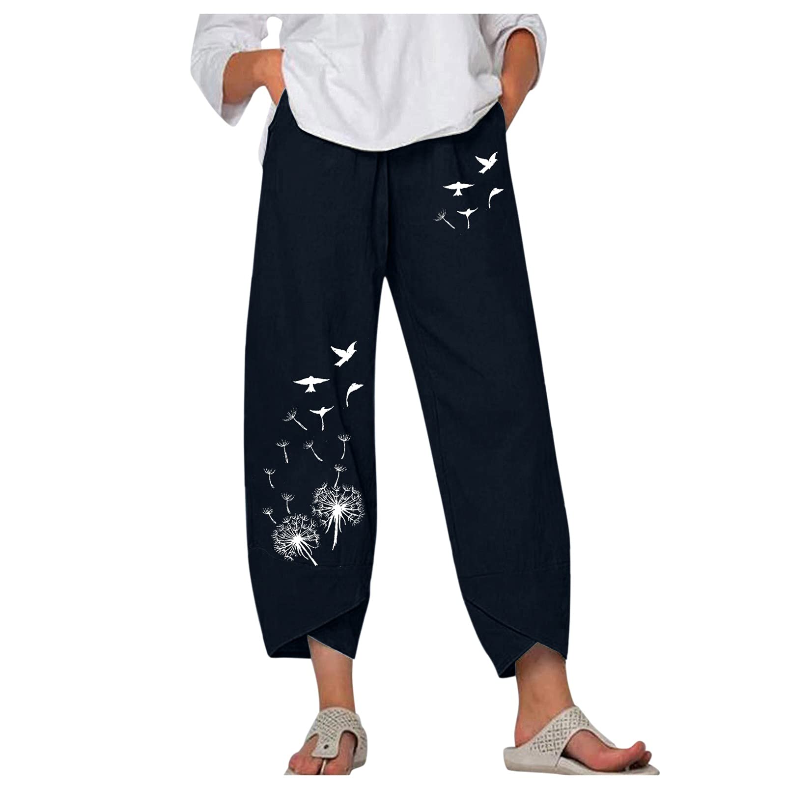 Kingspinner Women's Plus Size Linen Capri Pants - Elastic Waist Casual Cropped Trousers for Summer, Travel & Lounge Wear