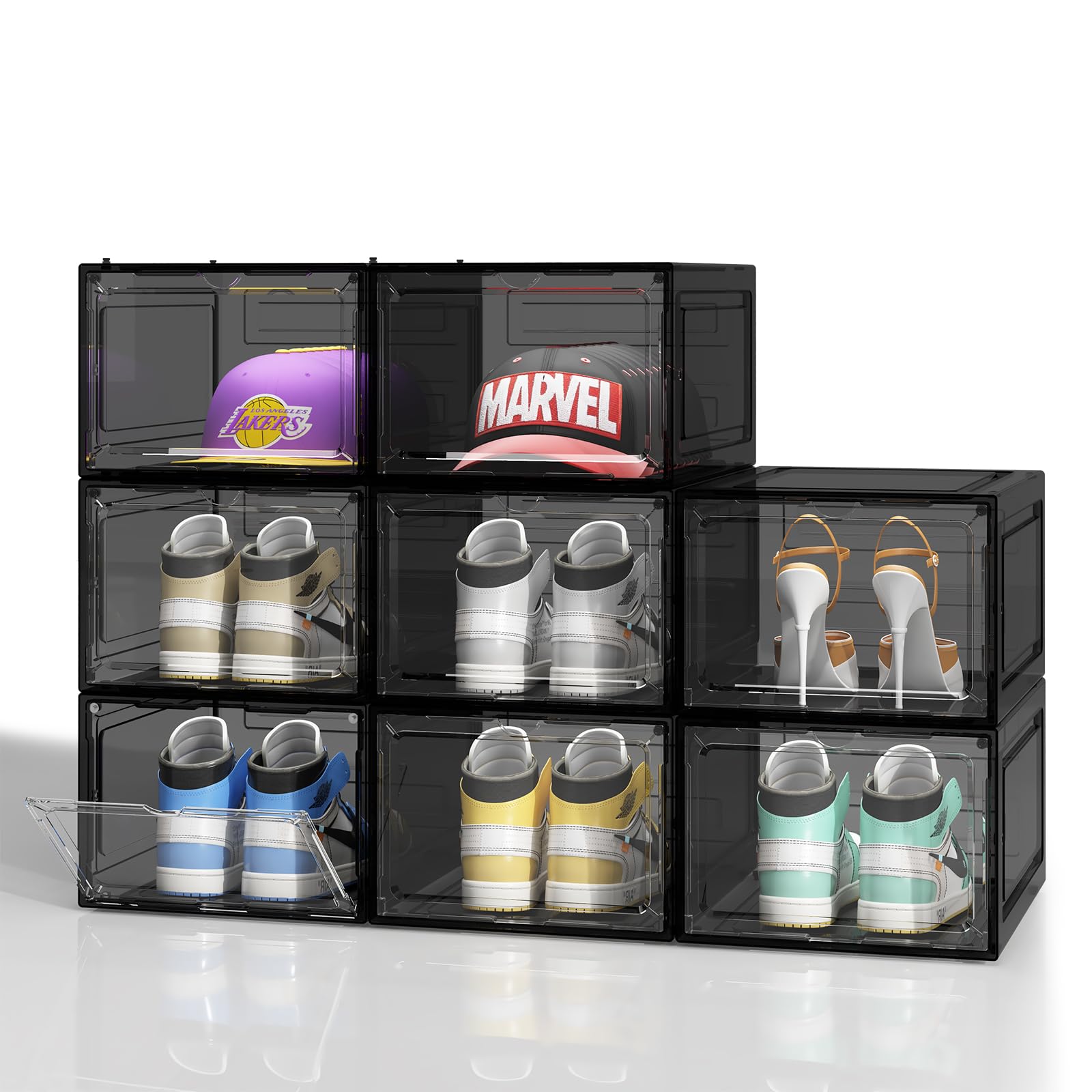 Upgraded Thickened Clear Plastic Shoe Storage Boxes - 8 Pack Stackable Shoe Organizer with Magnetic Drop Front Door for Closet & Entryway - Fits Up to US Men's Size 14 - Perfect for Sneaker Collection Display & Home Organization