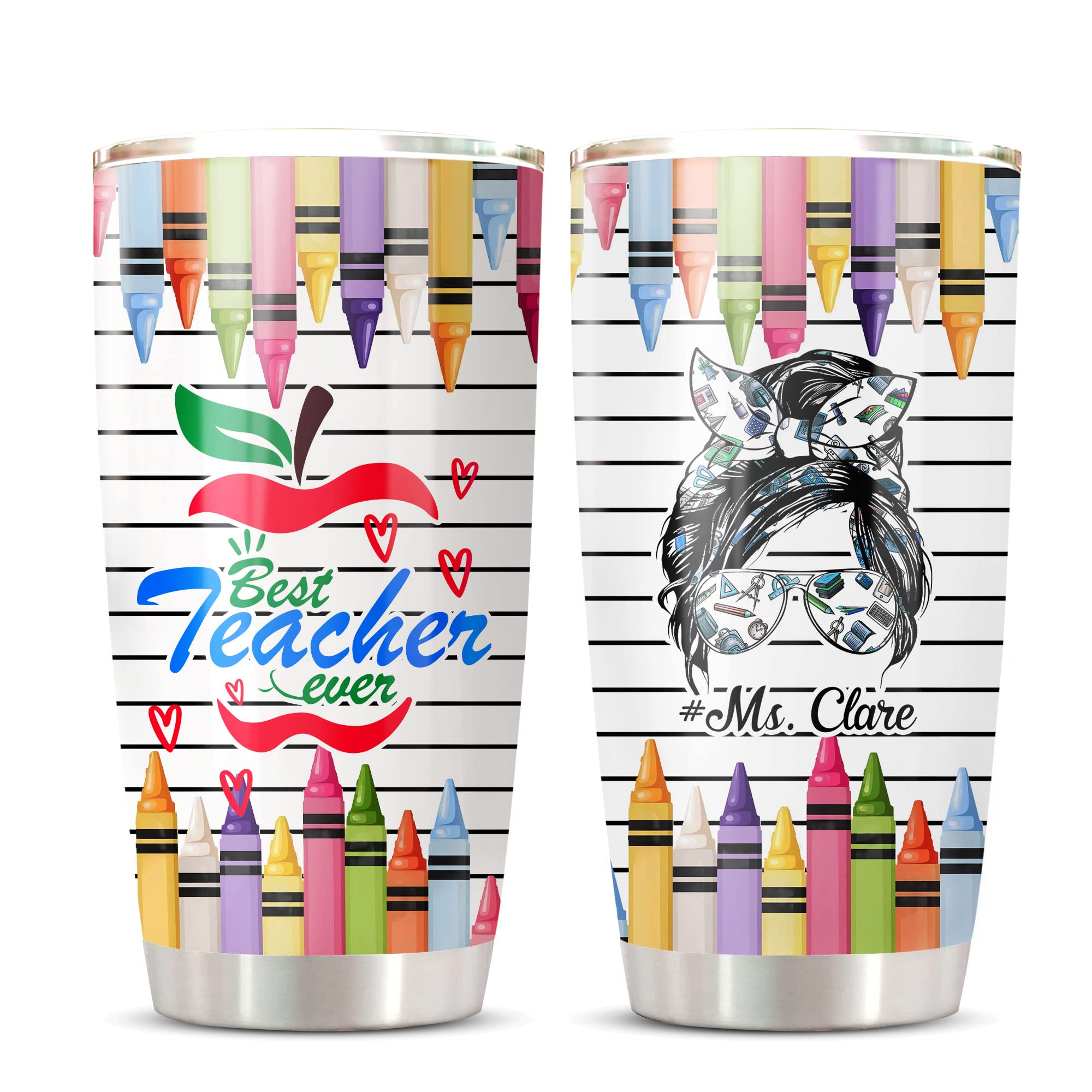 Personalized Teacher Tumbler - Custom Engraved Insulated Travel Mug for Coffee & Cold Drinks | Funny Crayon Design Teacher Appreciation Gift | Great for Classroom, Office & Commuting