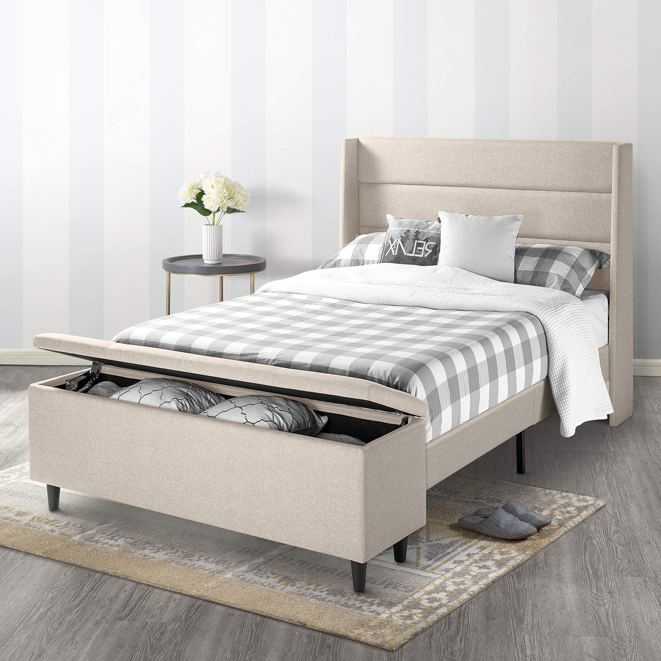 Mellow Peekaboo Upholstered Platform Bed with Headboard & Storage Ottoman - Full Size, Beige Fabric - Modern Bedroom Furniture for Small Spaces & Guest Rooms