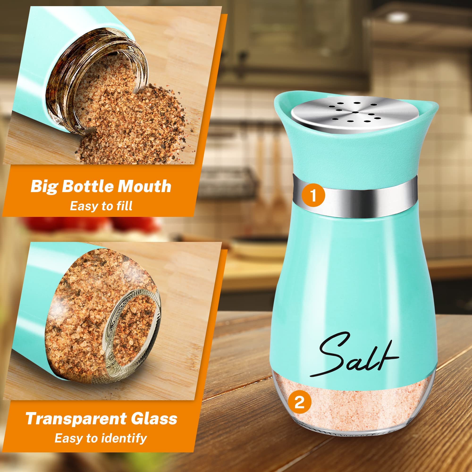 Turquoise Salt and Pepper Shakers Set with Holder - 4 oz Farmhouse Kitchen Decor, Refillable Tabletop Accessories - Perfect for Housewarming Gifts, Christmas Decor & Rustic Dining Table Setting (Teal)