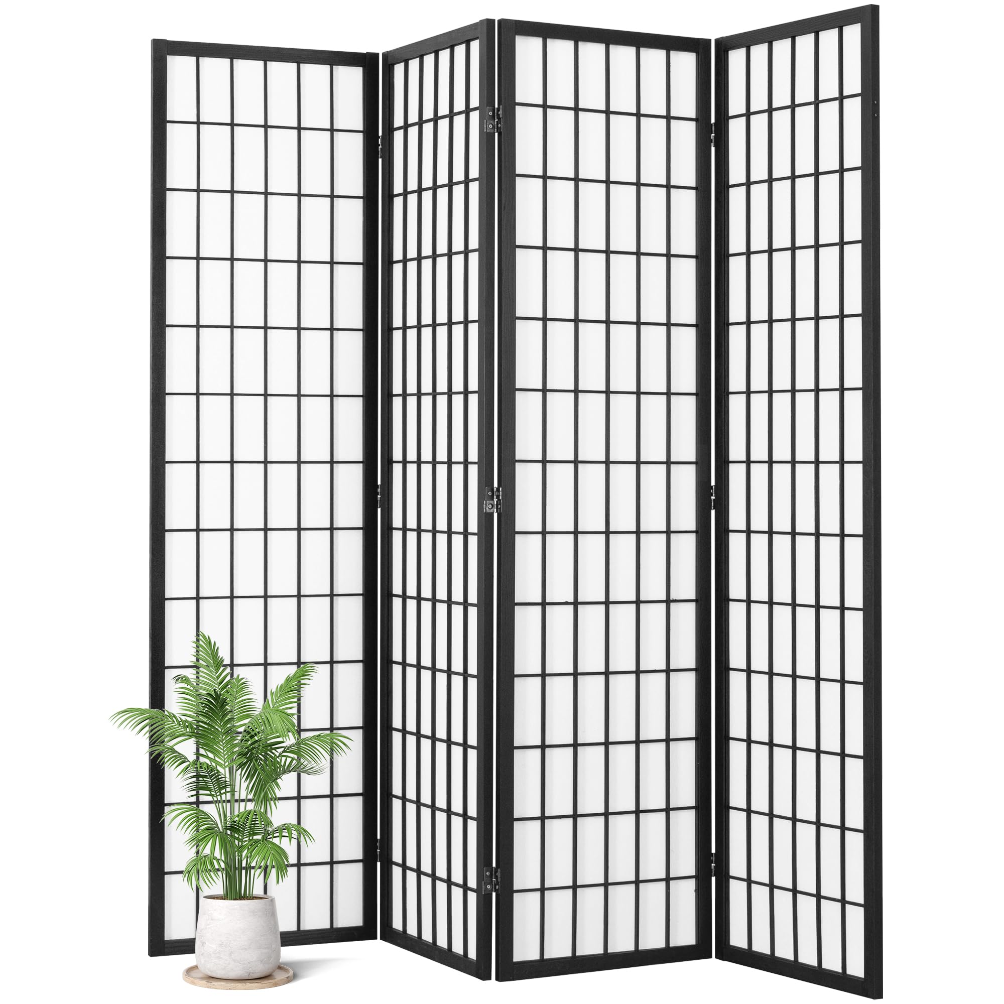 4 Panel Shoji Screen - Japanese Room Divider & Folding Privacy Screen for Living Room, Bedroom, Office - 66.9 Inches Tall, No Assembly Required, Black - Perfect for Home Decor, Zen Spaces & Room Partitioning