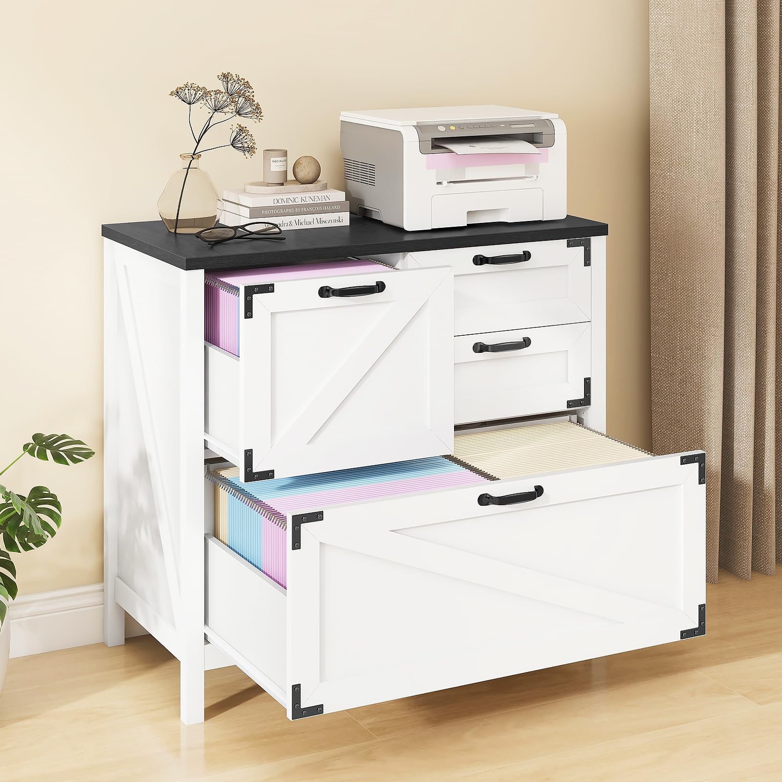 4-Drawer Farmhouse Lateral File Cabinet for Letter/Legal/A4 Files - Wooden Office Storage Cabinet with Hanging File System, Printer Stand for Home & Office (White/Black) - Perfect for Document Organization & Workspace Storage