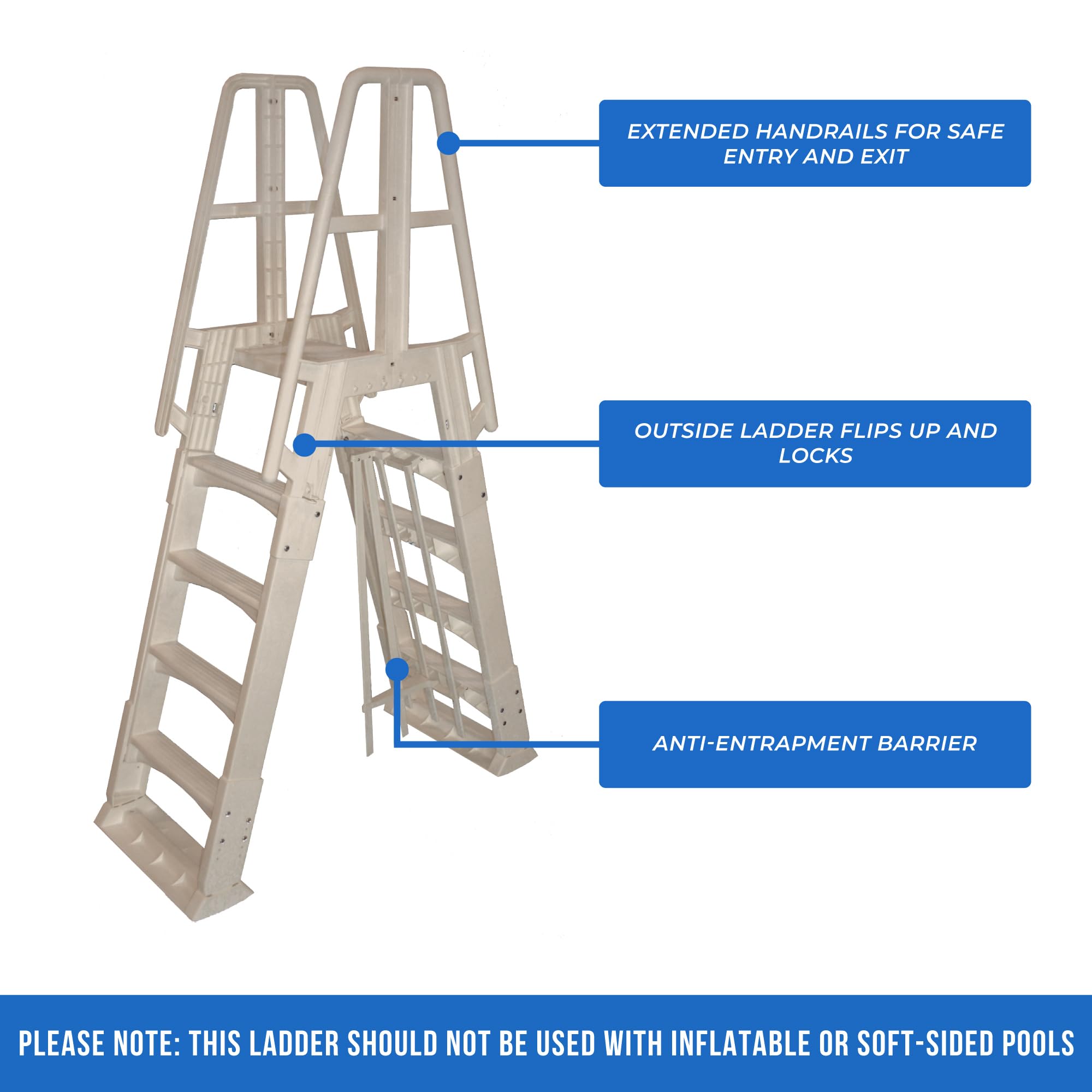 Vinyl Works SLA A-Frame 48-56 Inch Adjustable Above Ground Pool Ladder with Slide Lock Safety Barrier & Handrails, Taupe - Perfect for Easy Entry/Exit & Child Safety in Backyard Swimming Pools