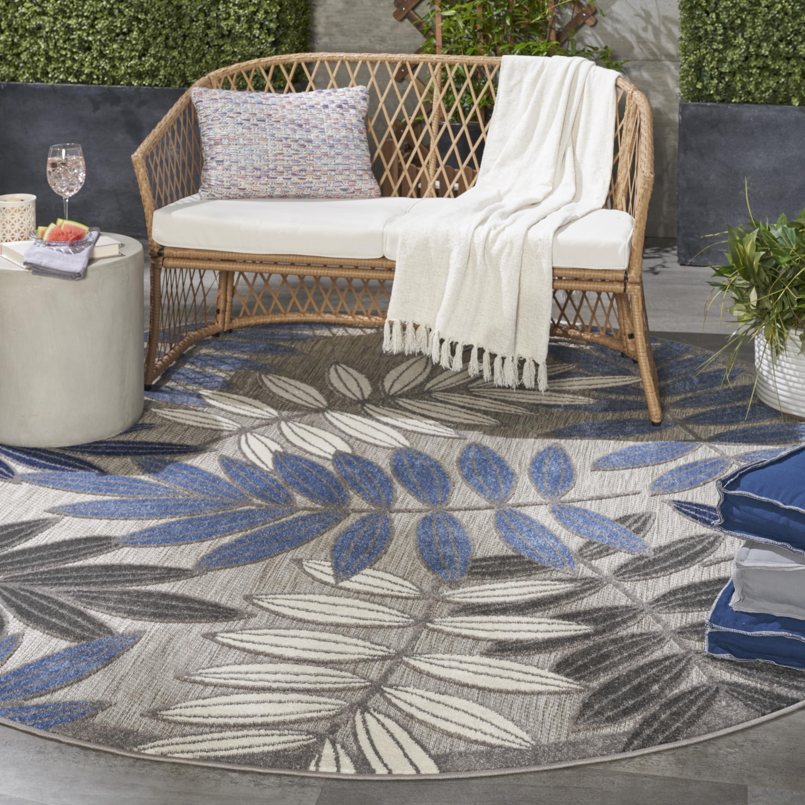 Nourison Aloha 8' Round Indoor/Outdoor Area Rug - Easy Clean, Non-Shedding, Stain Resistant - Perfect for Bedroom, Living Room, Dining Room, Backyard, Deck & Patio - Soft Grey & Blue Design for Coastal & Boho Decor