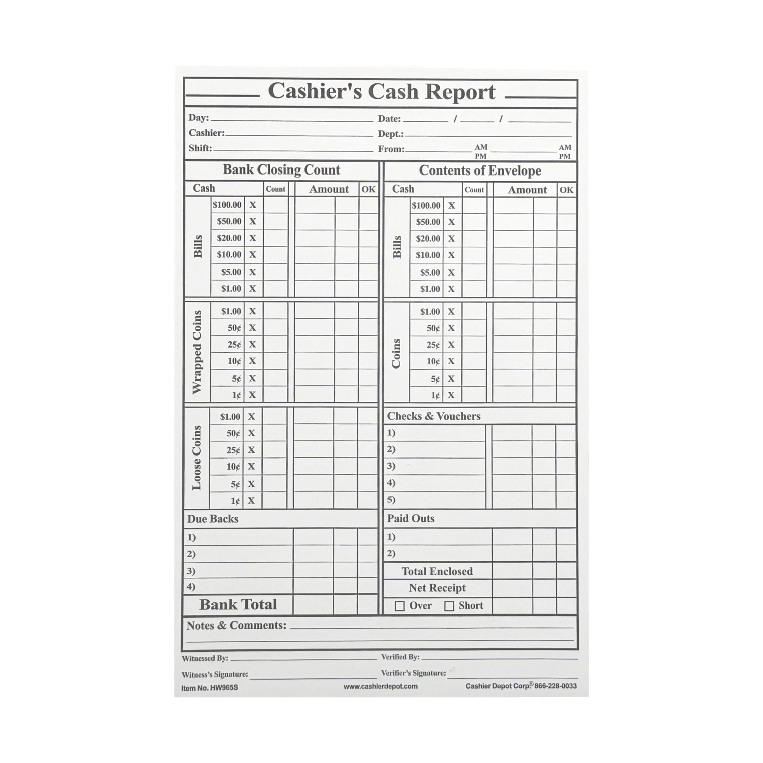 1000 Premium 28lb White Cashier's Cash Report Envelopes 6
