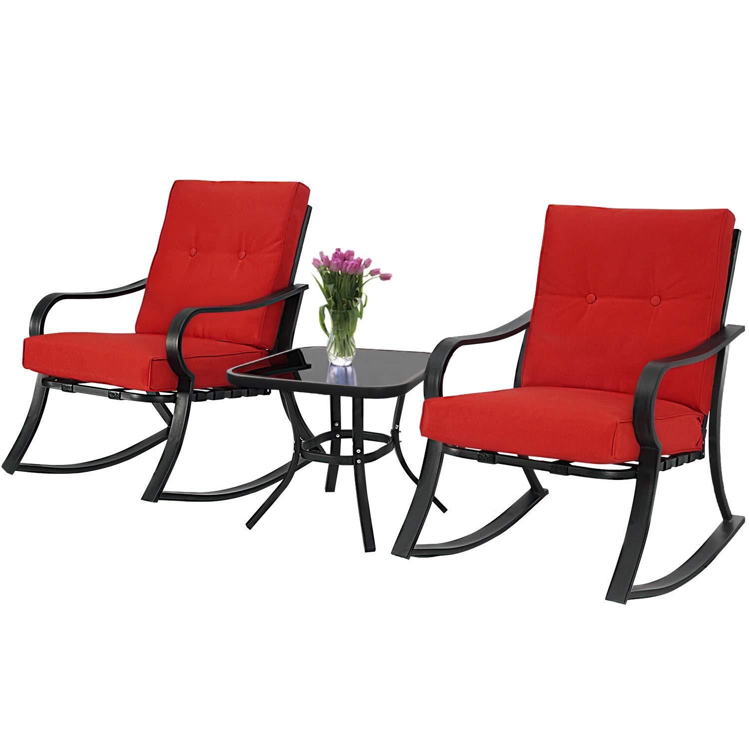SUNCROWN Outdoor 3-Piece Rocking Chair Set - Black Steel Patio Furniture with Red Thickened Cushions & Glass-Top Coffee Table - Perfect for Garden, Backyard, Deck, and Porch Relaxation