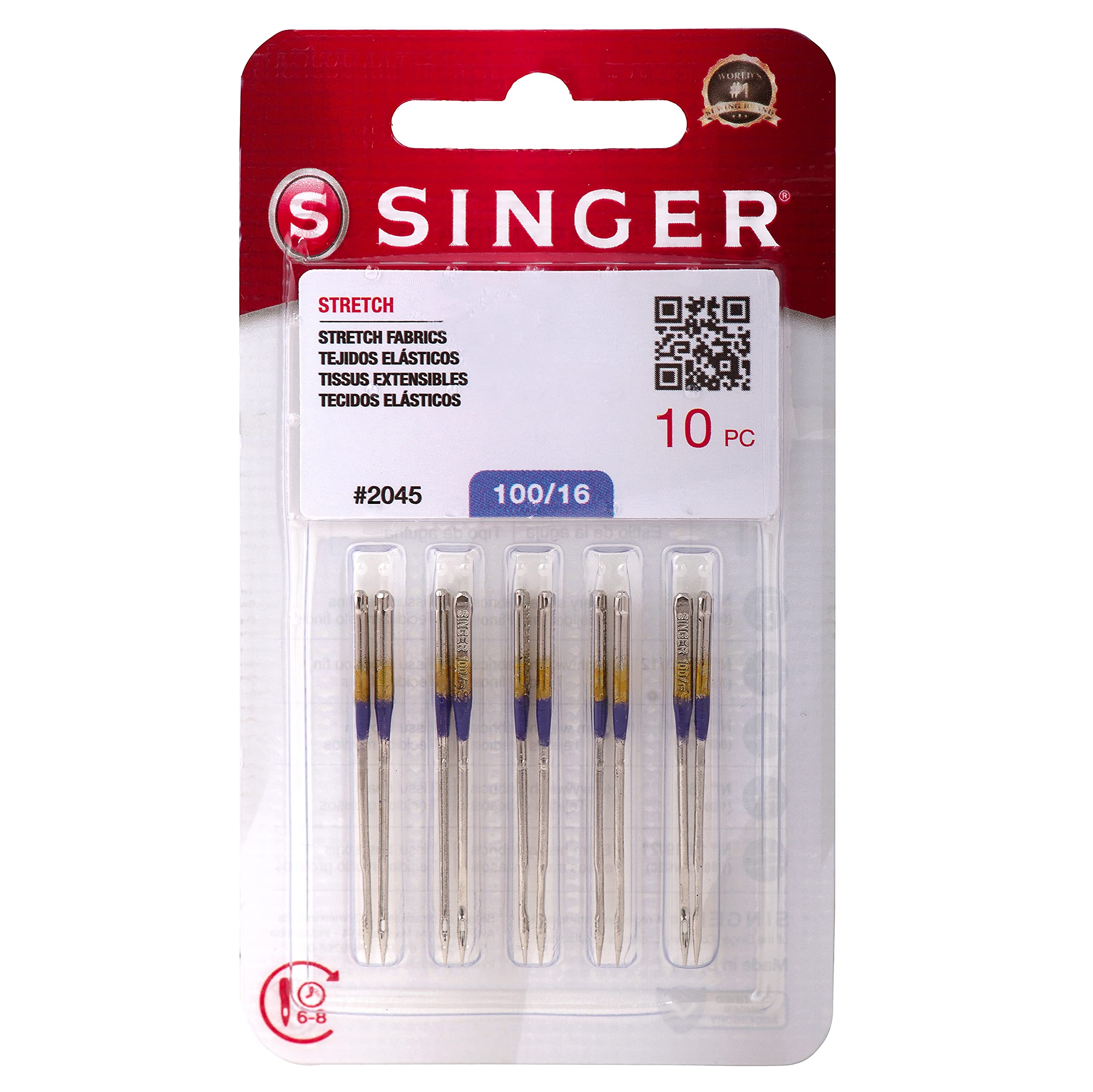 Singer 2045 Size 16/100 Blister Pack of 10 Sewing Machine Needles - Silver | Universal Needles for Heavy Fabrics, Denim, Upholstery & Quilting | Perfect for Home Sewing & Professional Tailoring