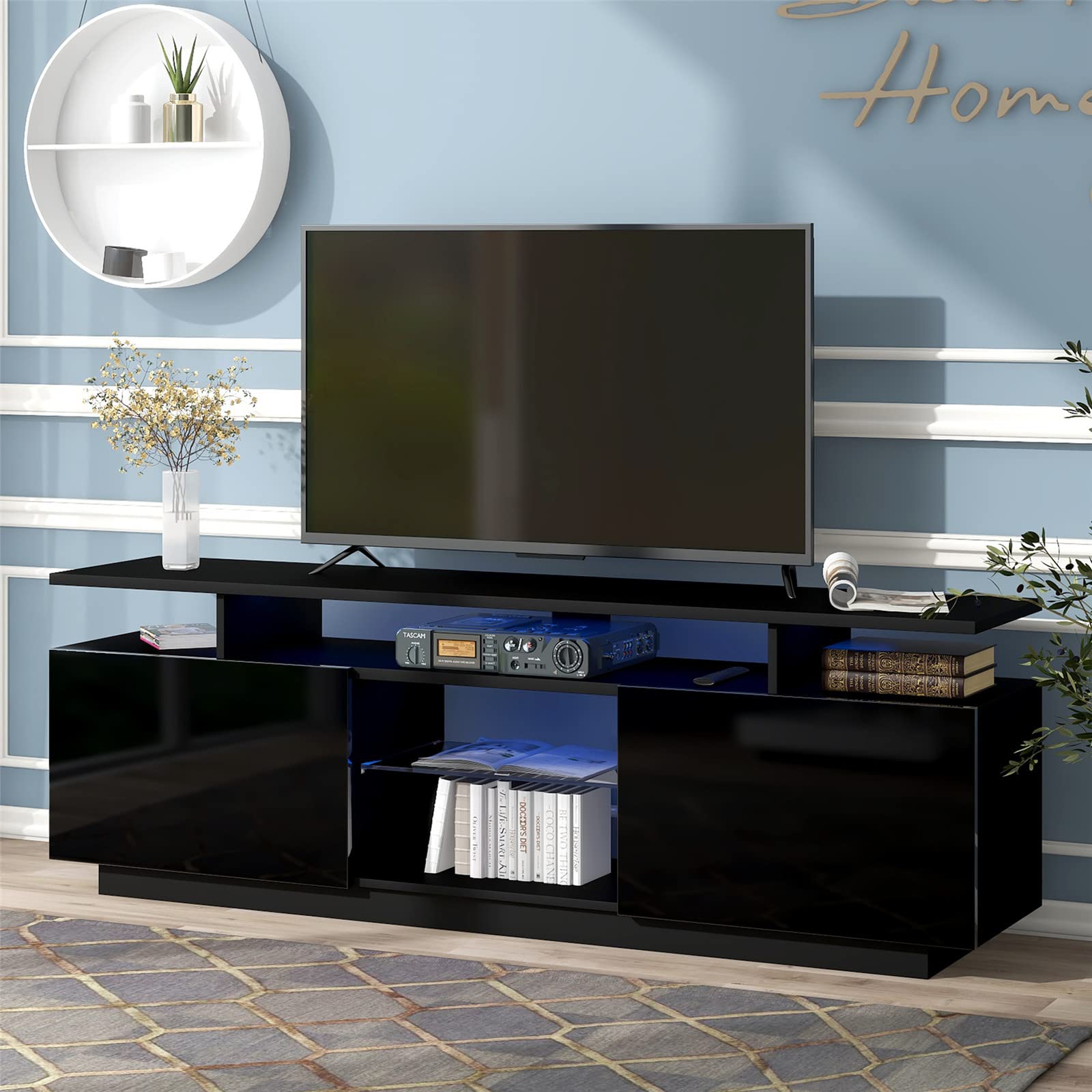Modern LED TV Stand with 16-Color Lighting & 2 Storage Drawers - Entertainment Center Cabinet for 70 Inch TVs - Black TV Table for Living Room & Bedroom (63