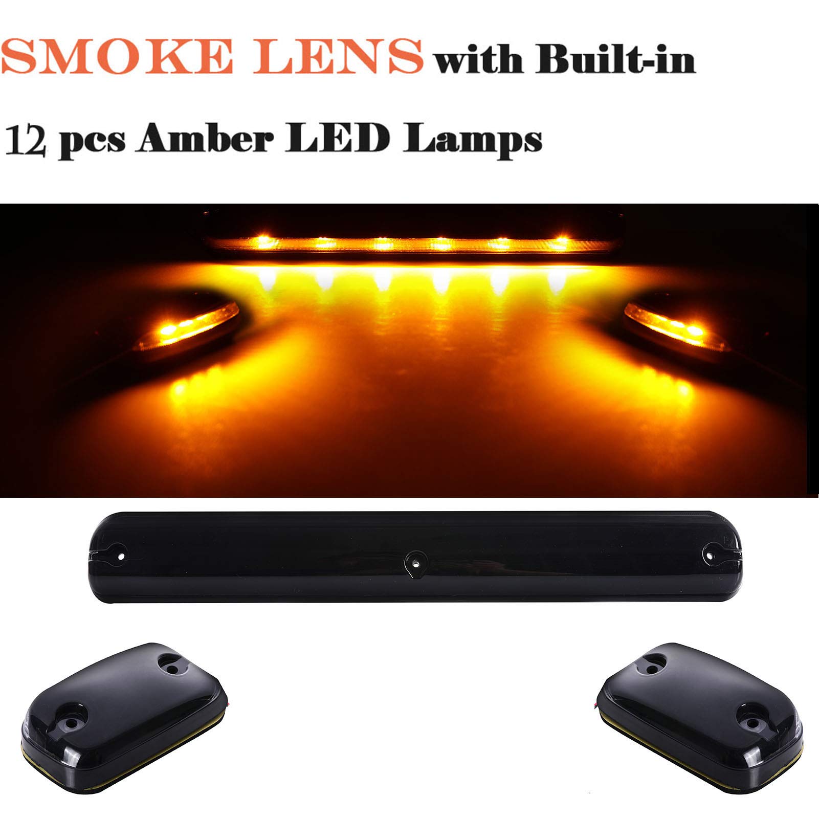 NPAUTO 3-Piece Smoked LED Cab Marker Lights - Amber 12-LED Roof Top Clearance Running Lights with Wiring Pack | Compatible with 2007-2014 Chevy Silverado & GMC Sierra 1500/2500/3500/2500HD/3500HD | Perfect for Night Driving, Off-Roading & Truck Customization